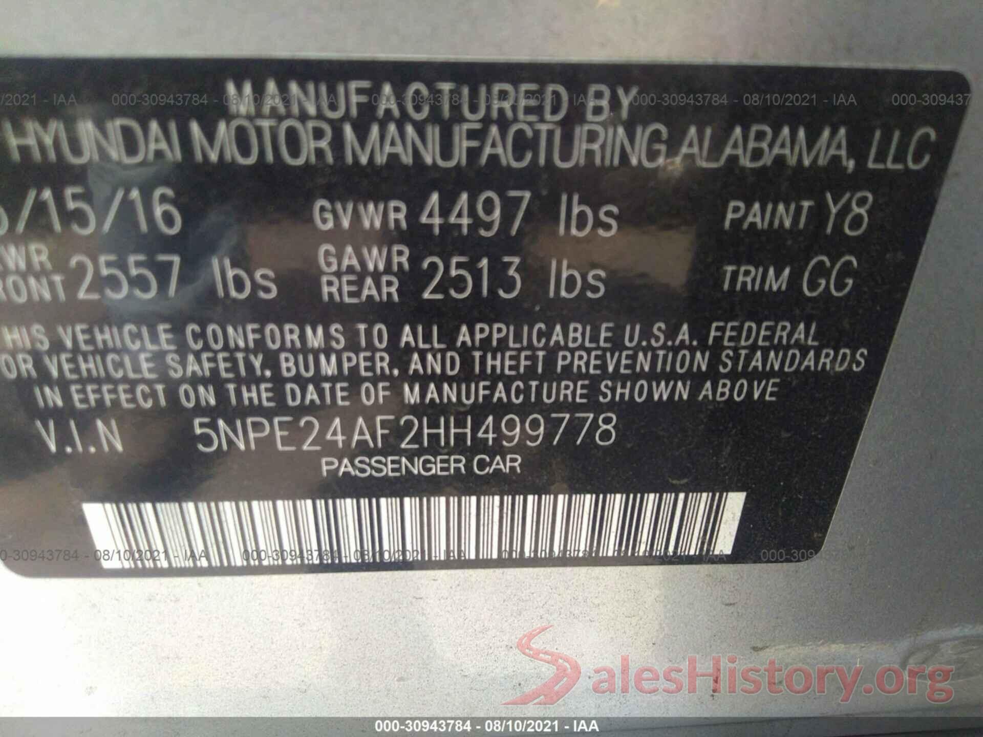 5NPE24AF2HH499778 2017 HYUNDAI SONATA