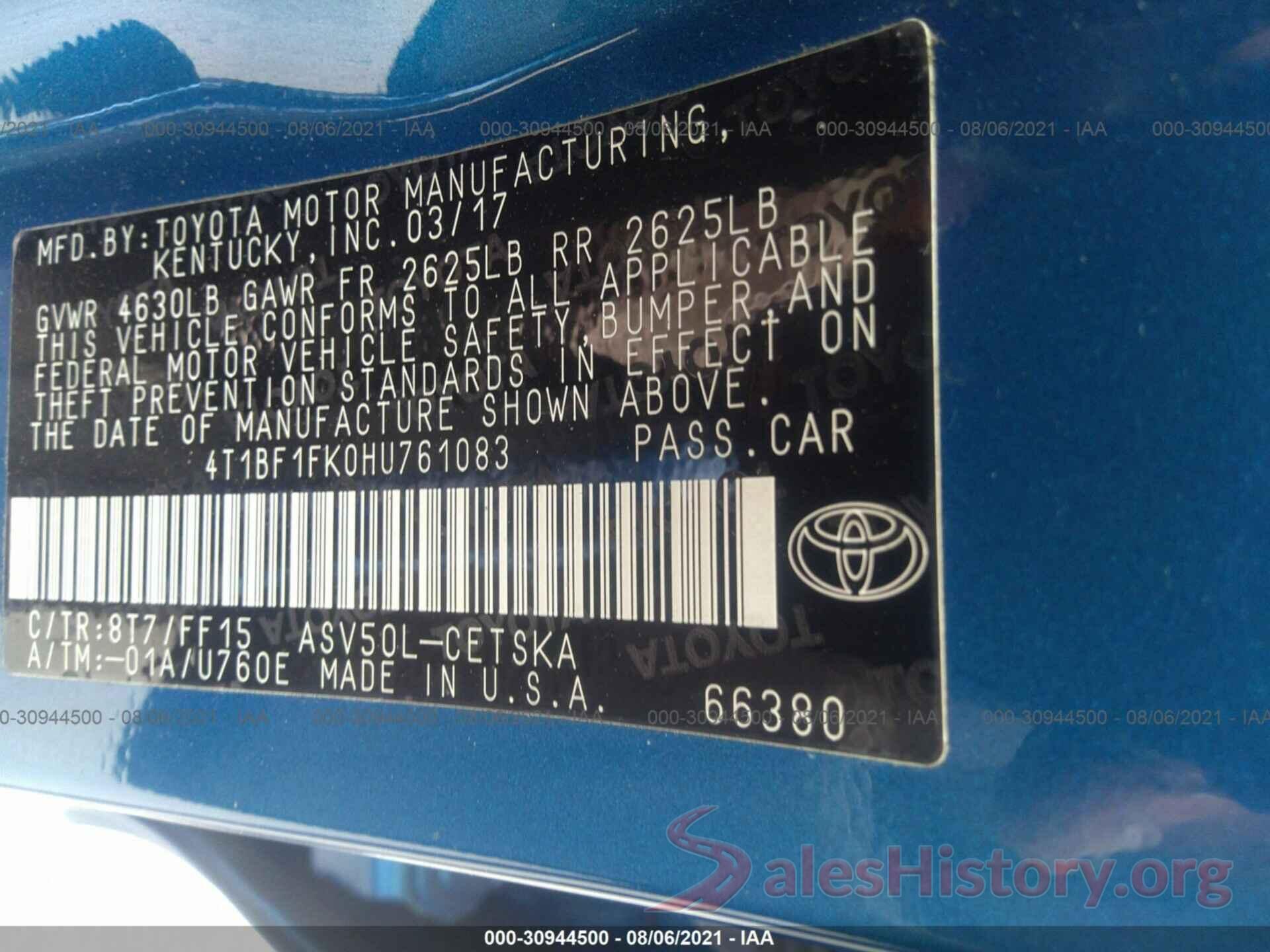 4T1BF1FK0HU761083 2017 TOYOTA CAMRY