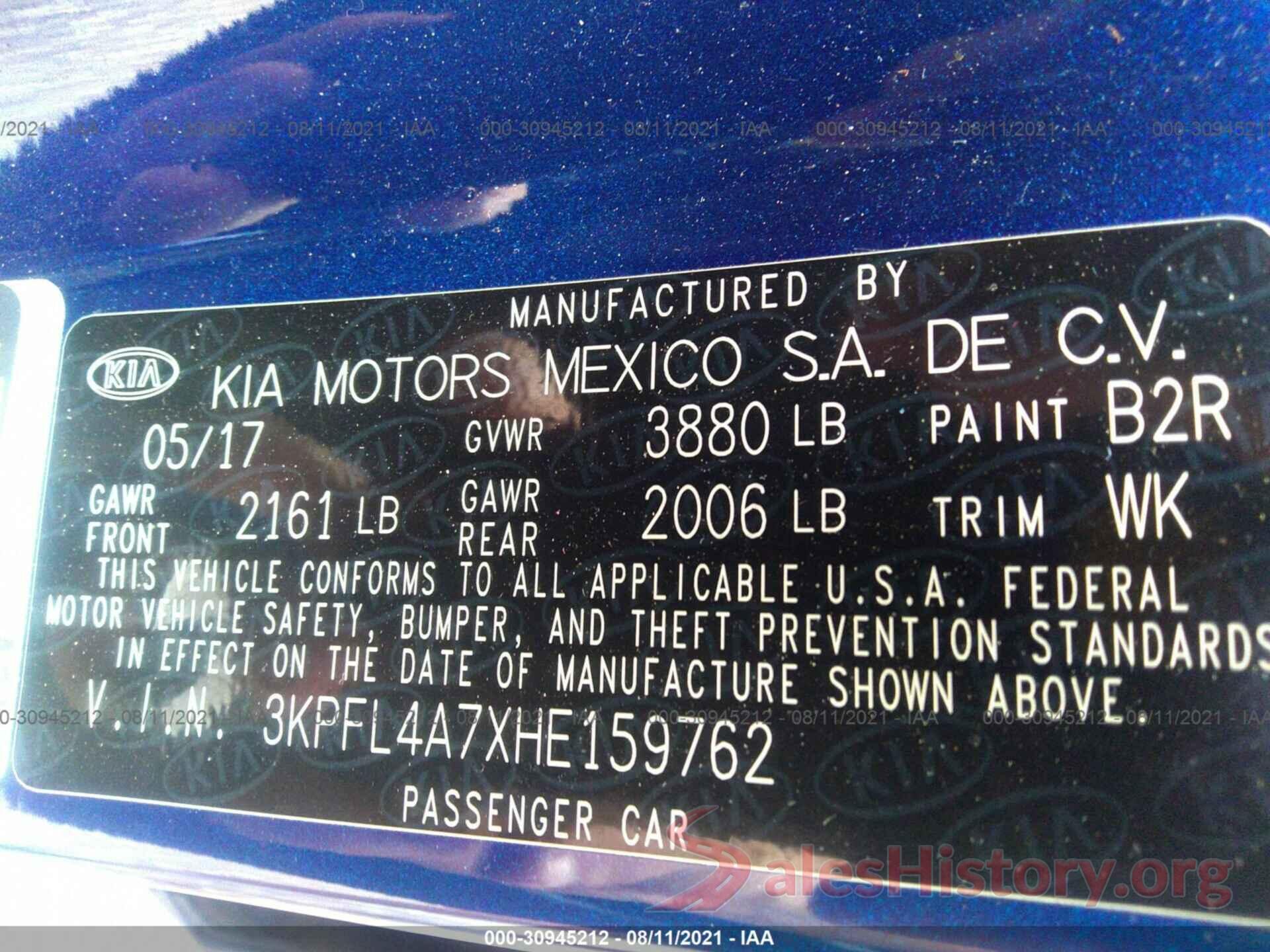 3KPFL4A7XHE159762 2017 KIA FORTE