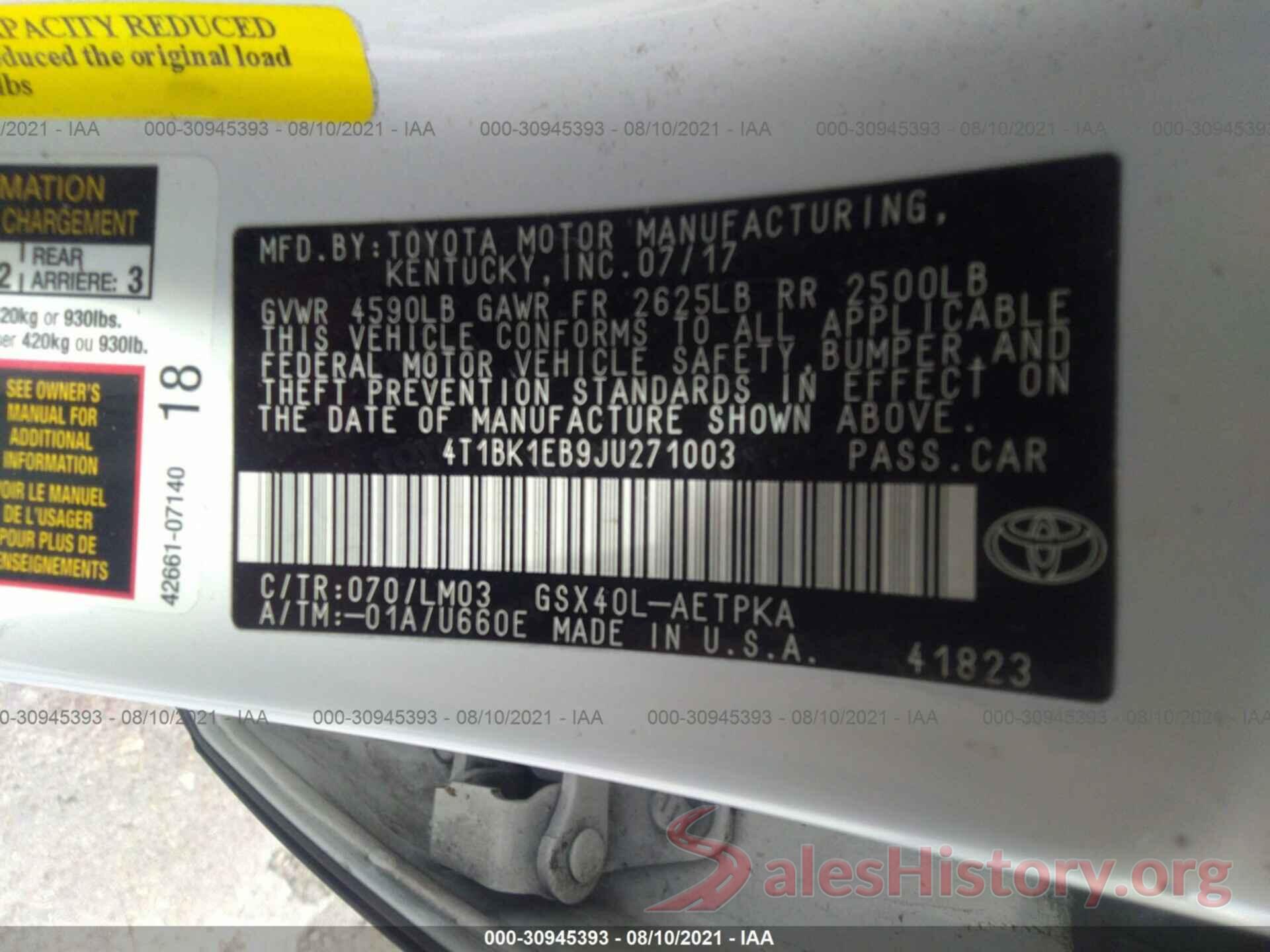 4T1BK1EB9JU271003 2018 TOYOTA AVALON