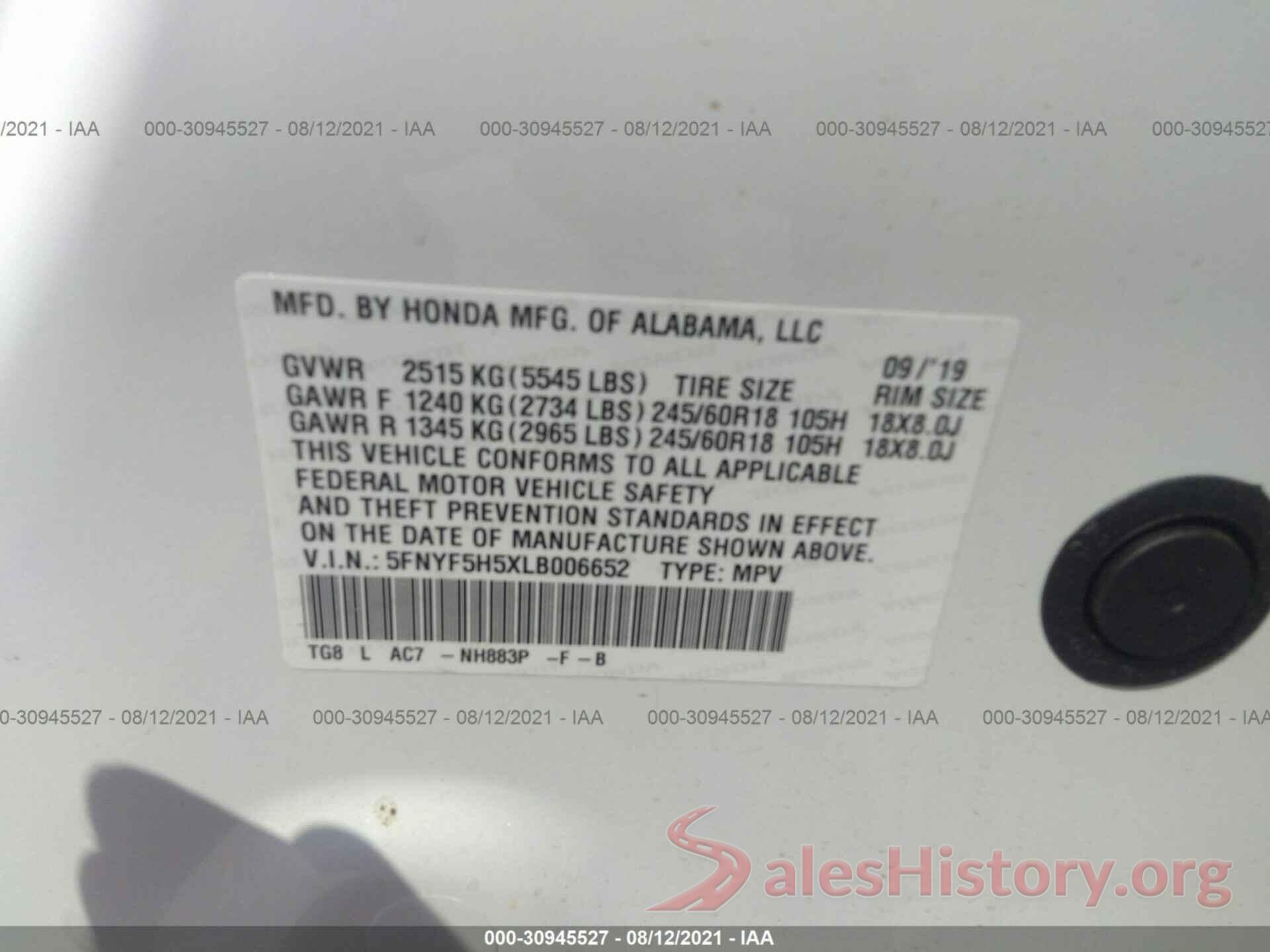 5FNYF5H5XLB006652 2020 HONDA PILOT