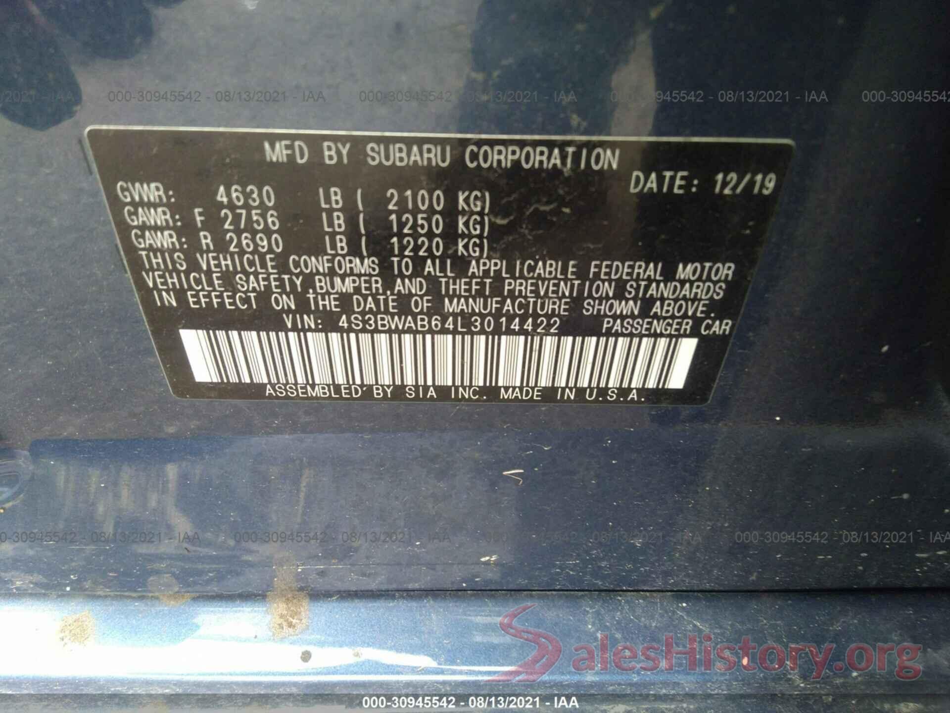 4S3BWAB64L3014422 2020 SUBARU LEGACY