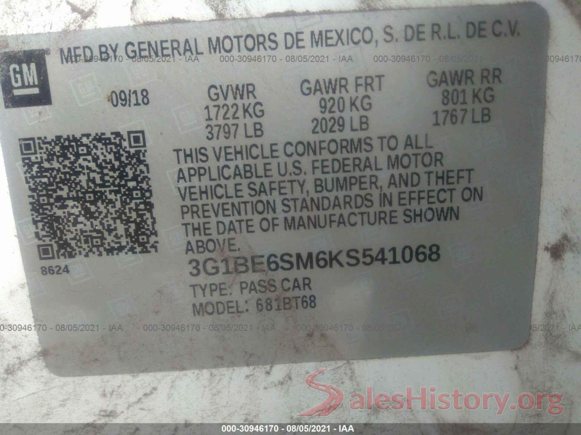 3G1BE6SM6KS541068 2019 CHEVROLET CRUZE