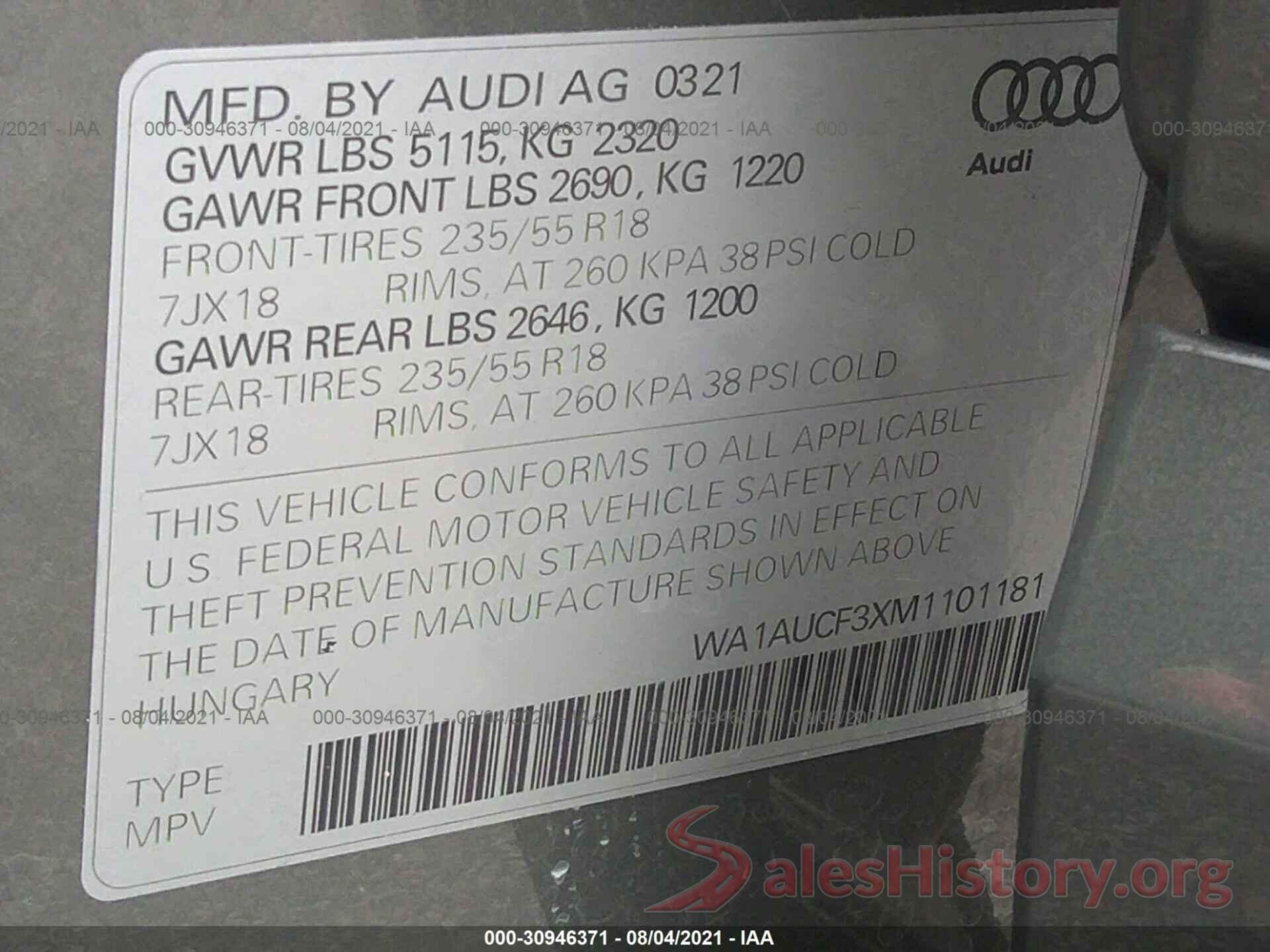 WA1AUCF3XM1101181 2021 AUDI Q3