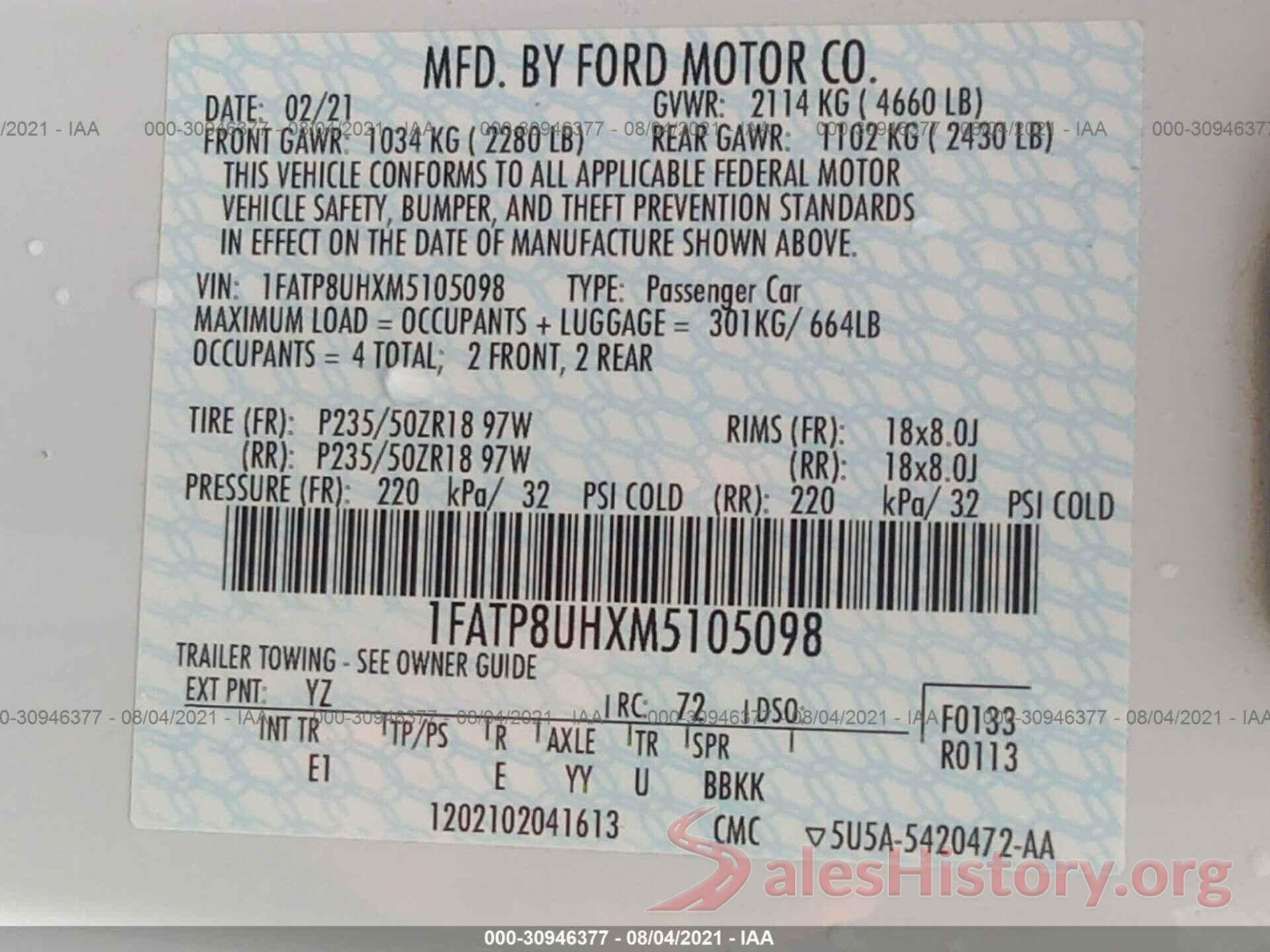 1FATP8UHXM5105098 2021 FORD MUSTANG