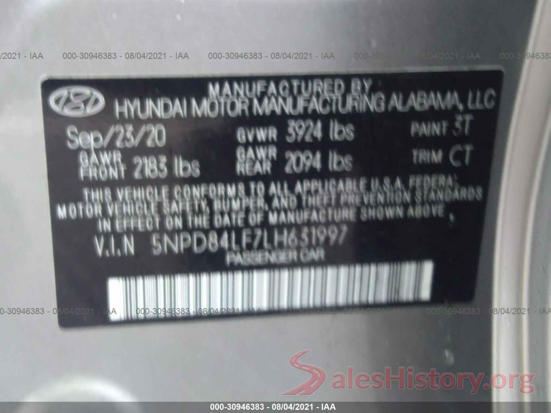 5NPD84LF7LH631997 2020 HYUNDAI ELANTRA