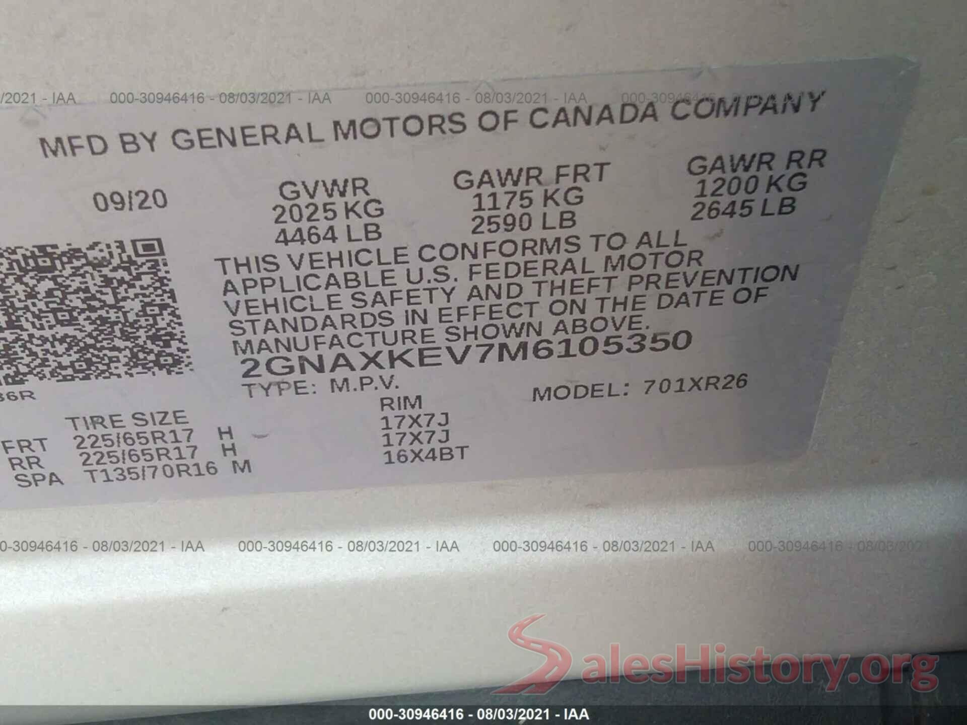 2GNAXKEV7M6105350 2021 CHEVROLET EQUINOX