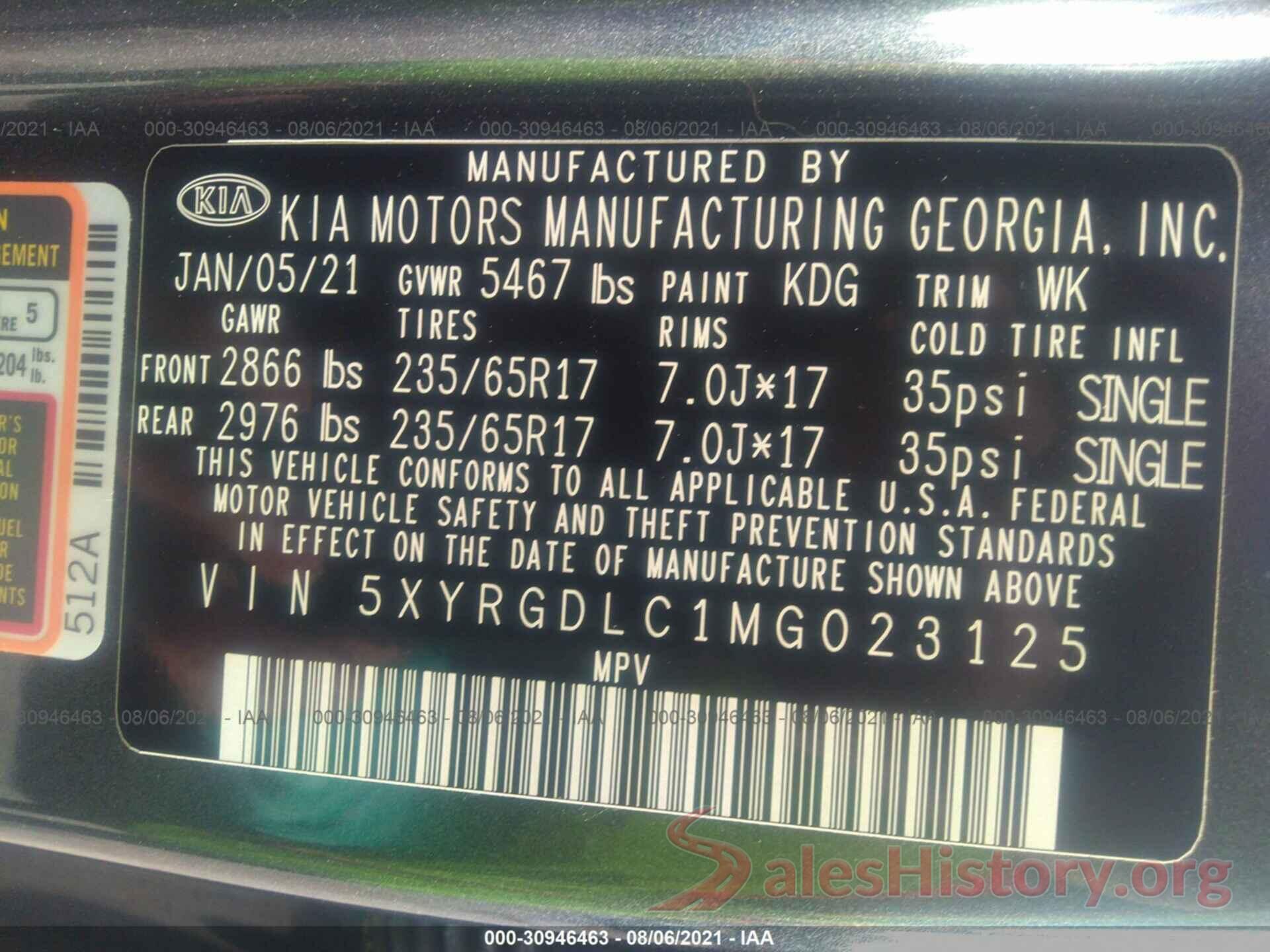 5XYRGDLC1MG023125 2021 KIA SORENTO