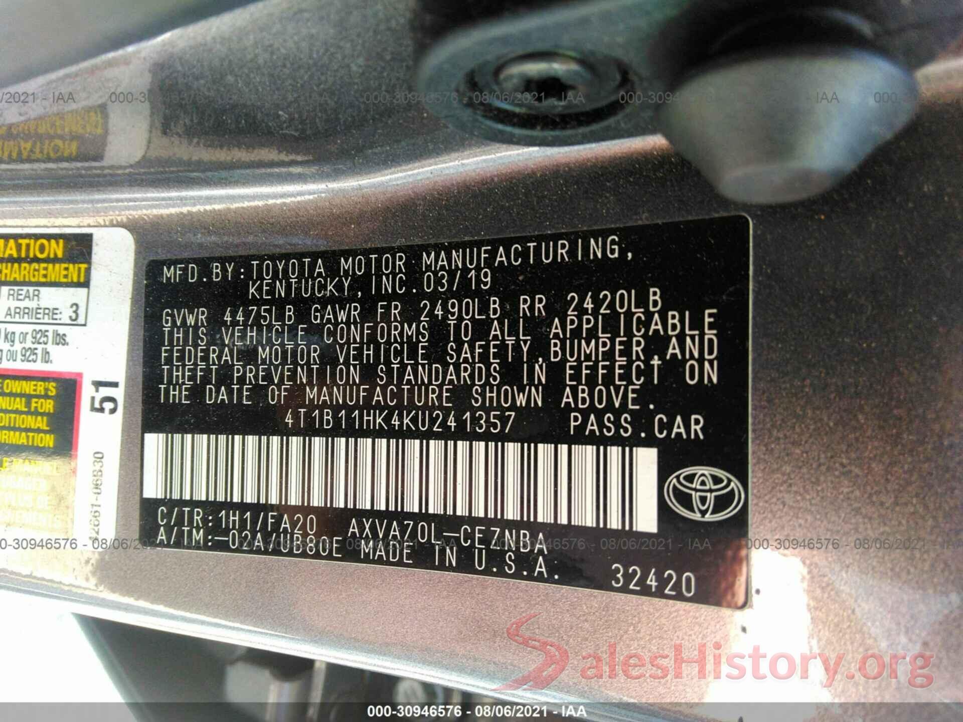 4T1B11HK4KU241357 2019 TOYOTA CAMRY