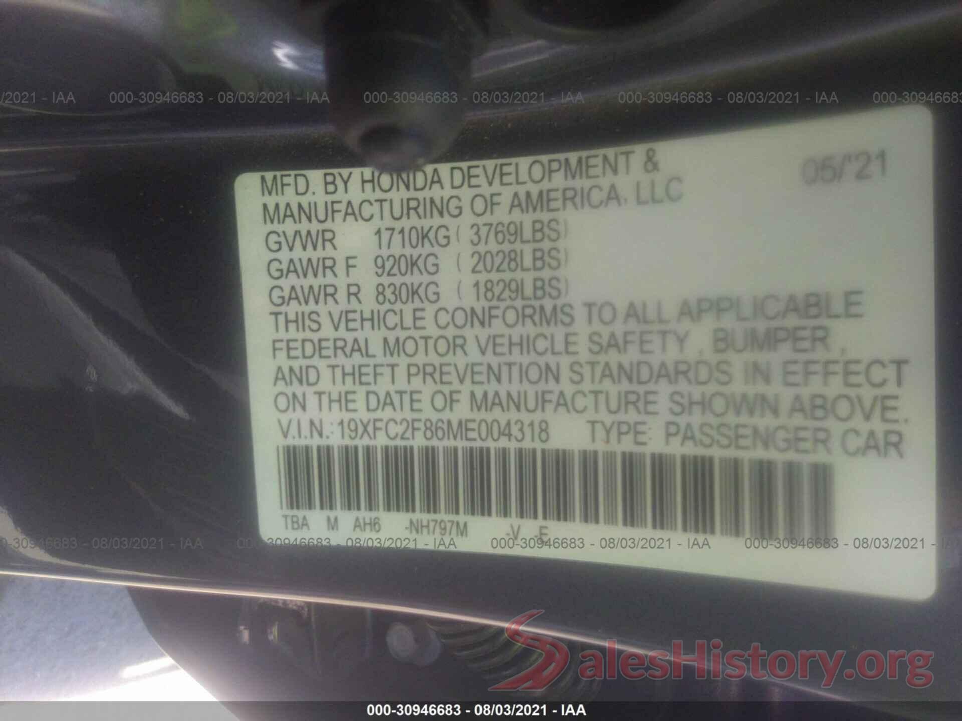 19XFC2F86ME004318 2021 HONDA CIVIC SEDAN