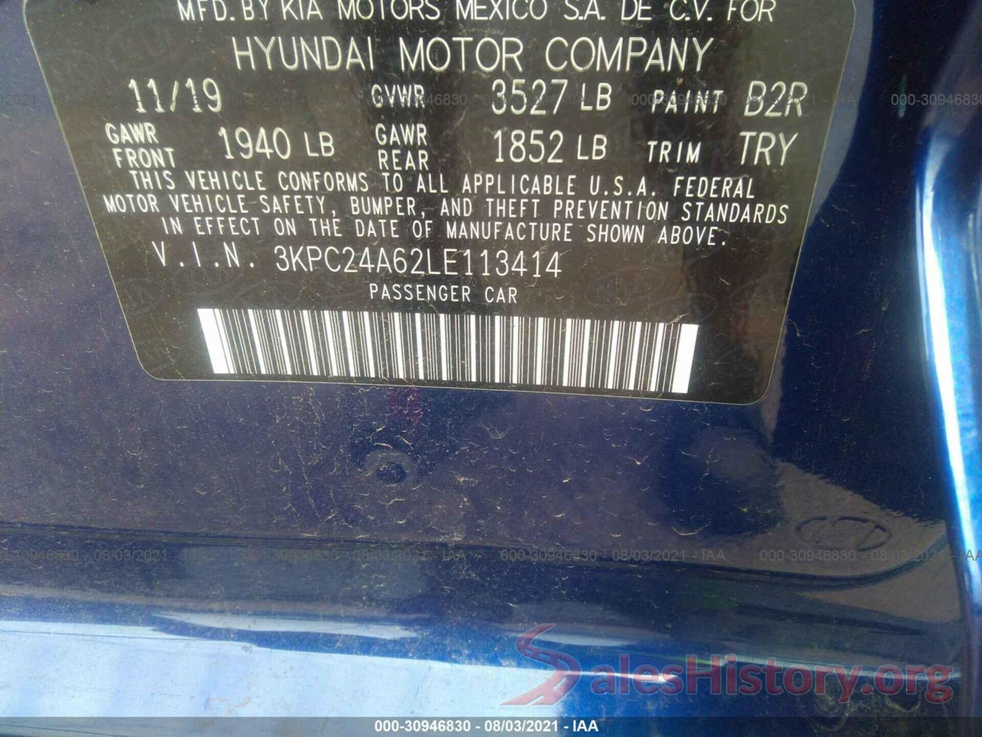 3KPC24A62LE113414 2020 HYUNDAI ACCENT