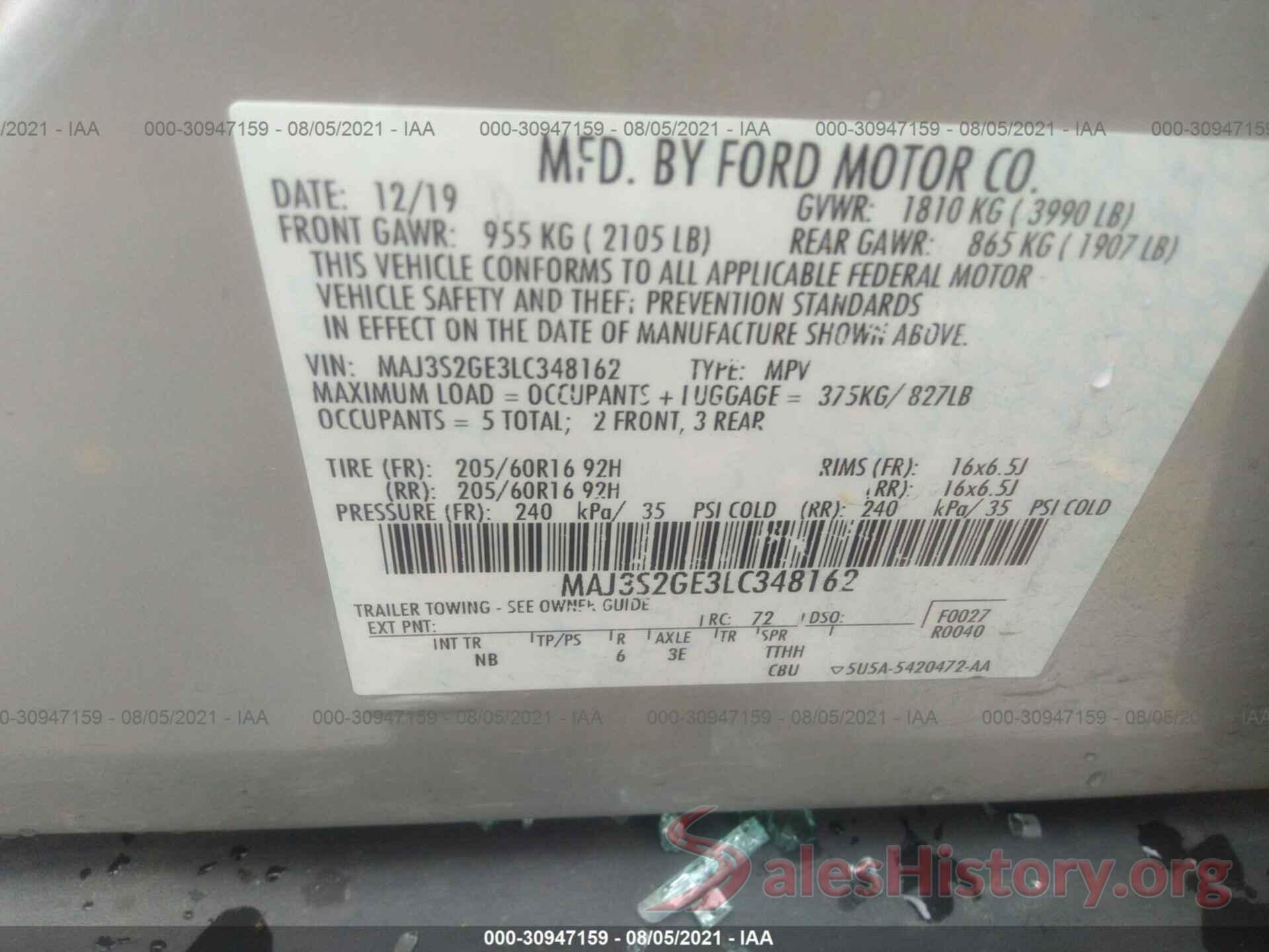 MAJ3S2GE3LC348162 2020 FORD ECOSPORT