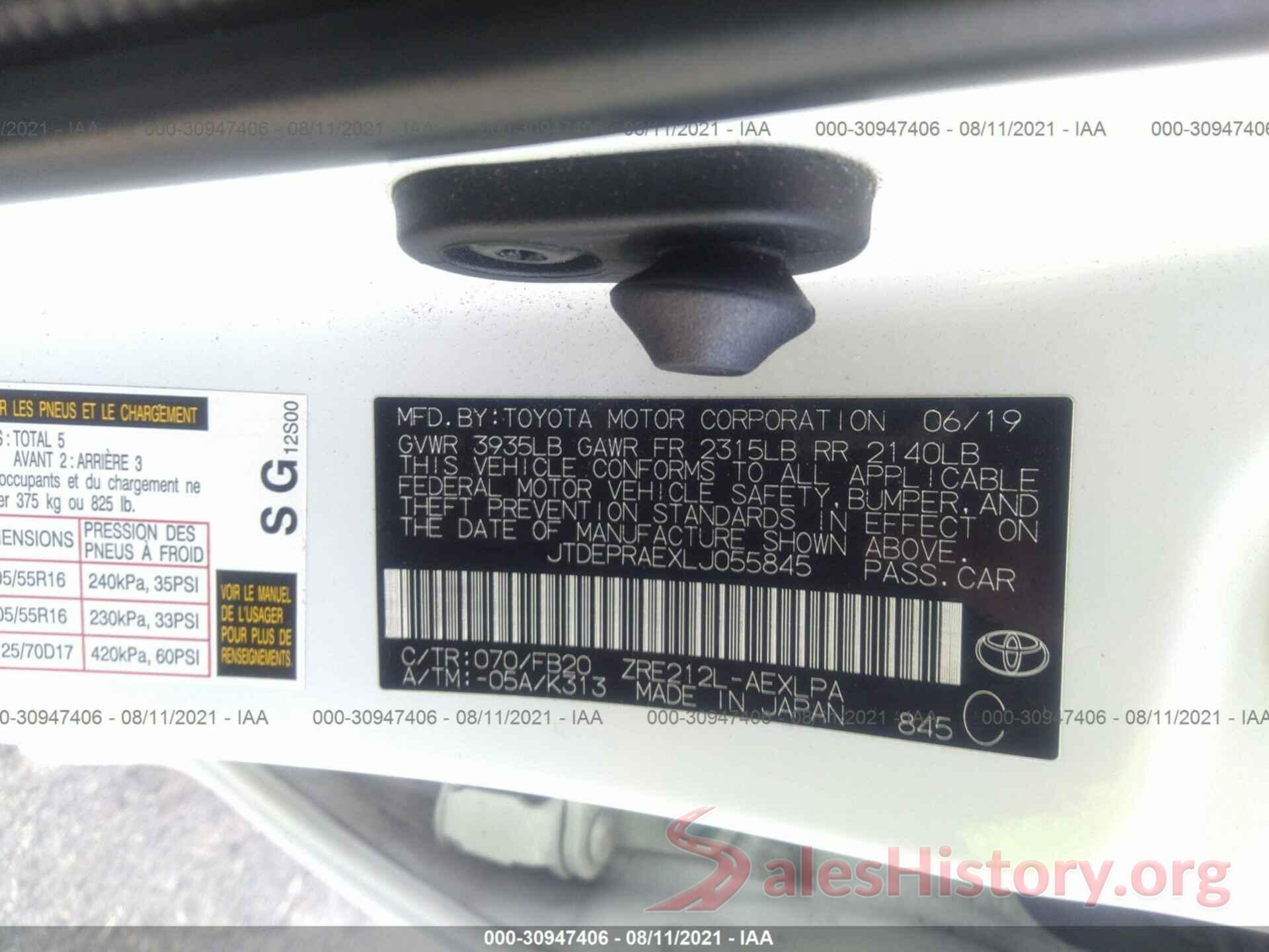 JTDEPRAEXLJ055845 2020 TOYOTA COROLLA