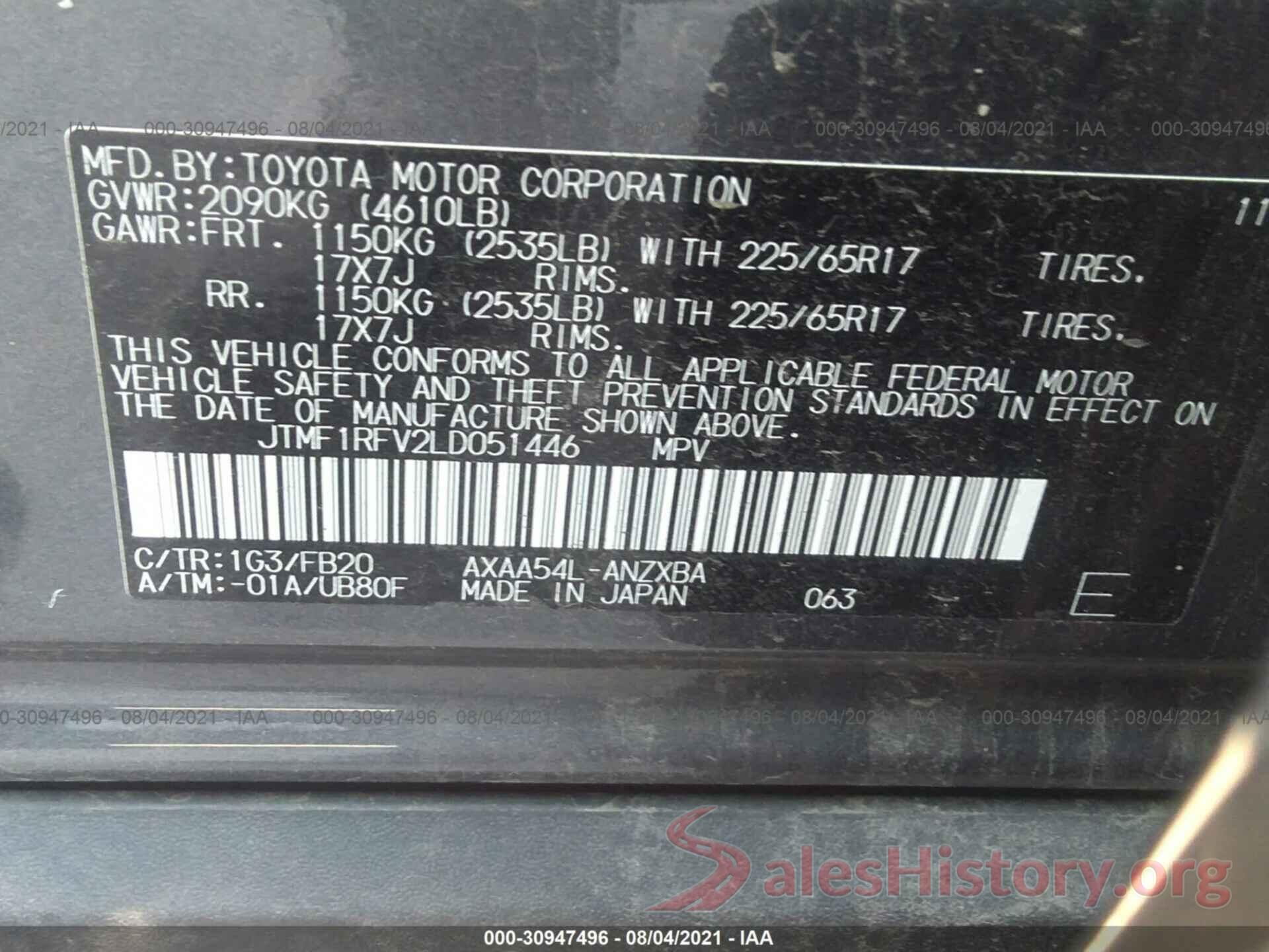 JTMF1RFV2LD051446 2020 TOYOTA RAV4