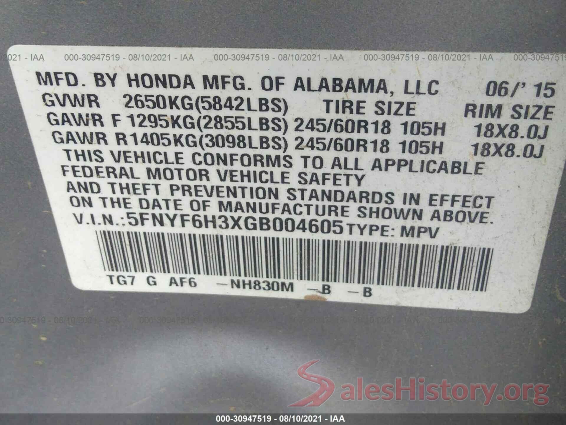 5FNYF6H3XGB004605 2016 HONDA PILOT