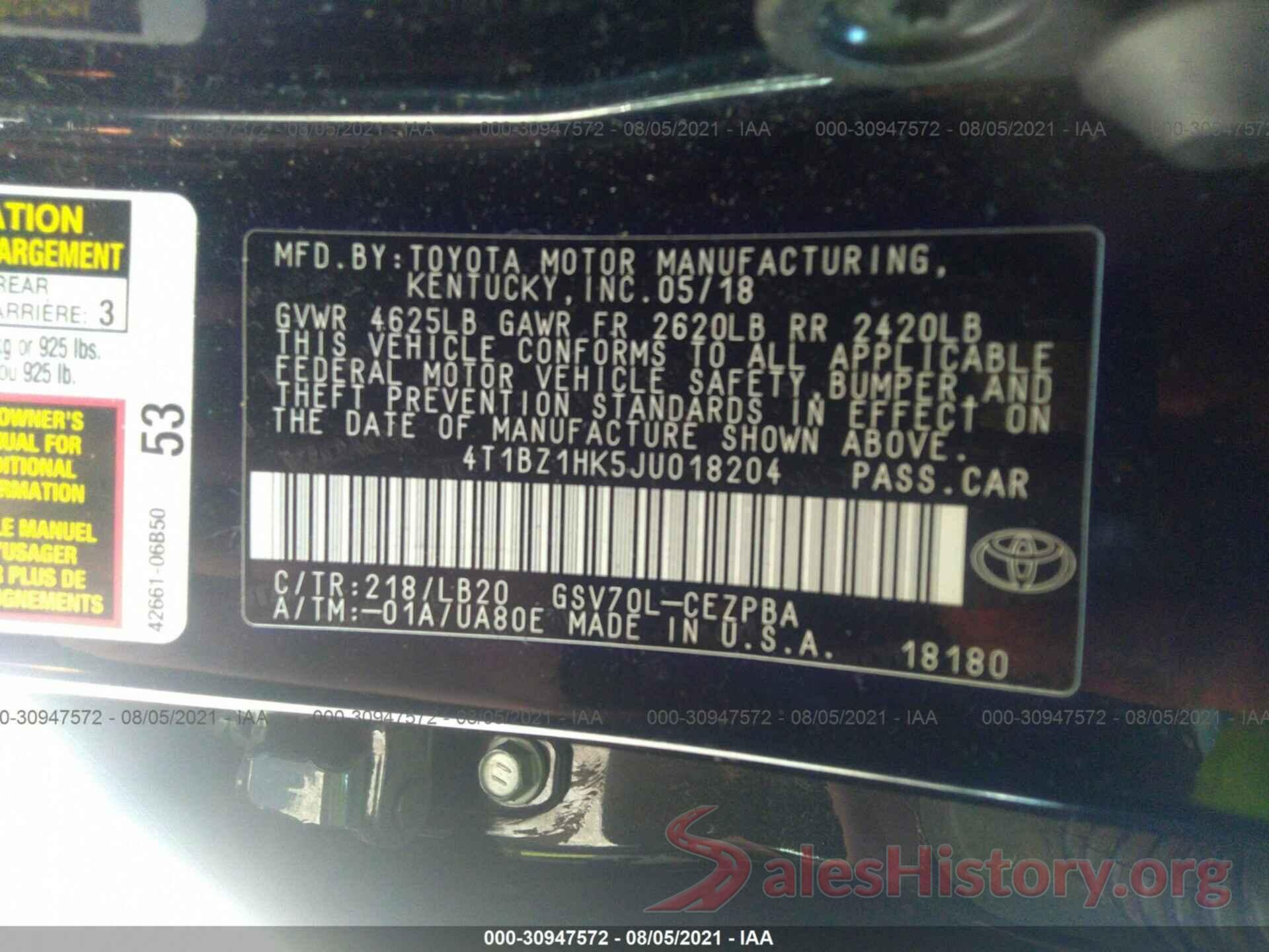 4T1BZ1HK5JU018204 2018 TOYOTA CAMRY