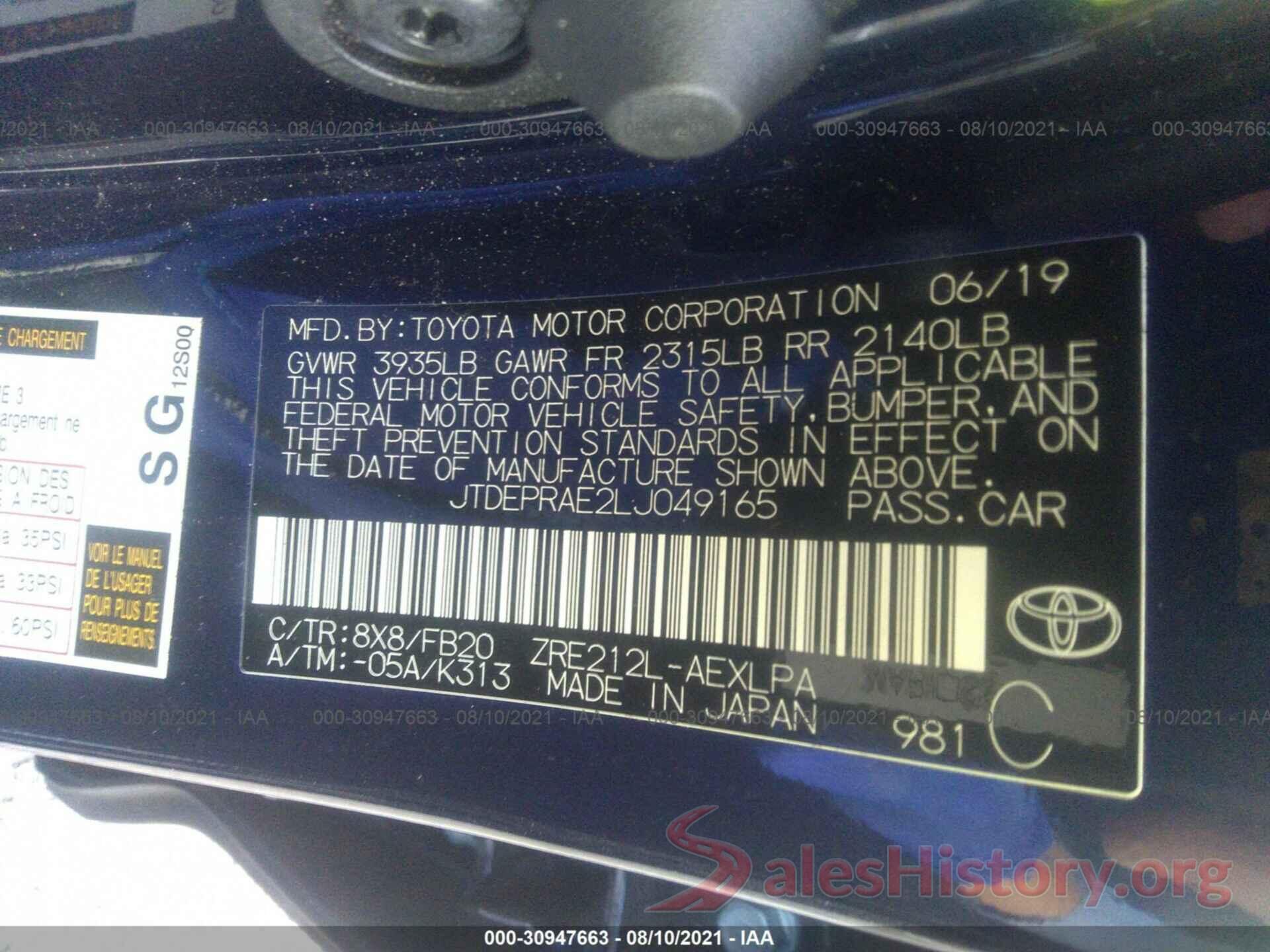 JTDEPRAE2LJ049165 2020 TOYOTA COROLLA