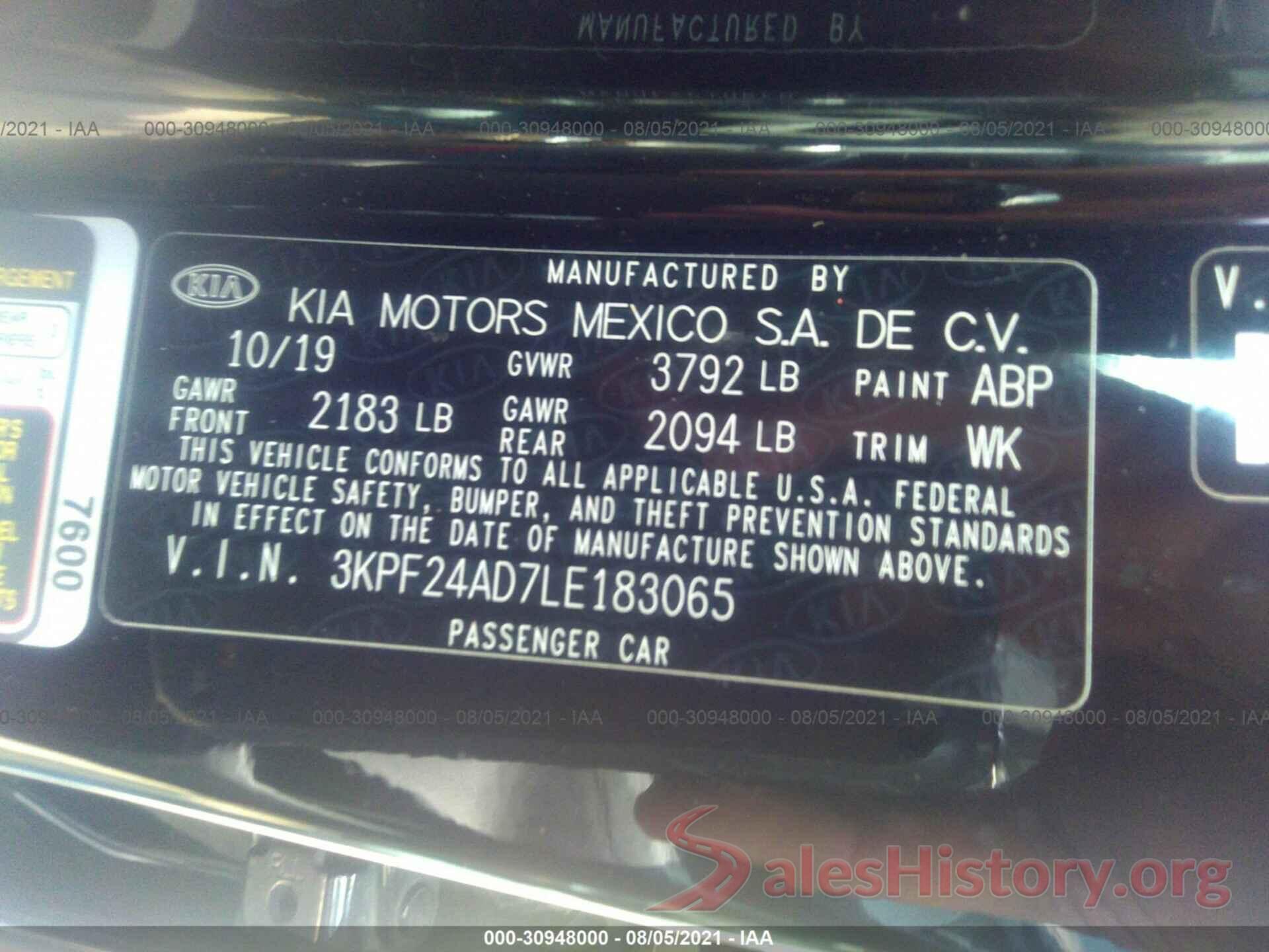 3KPF24AD7LE183065 2020 KIA FORTE