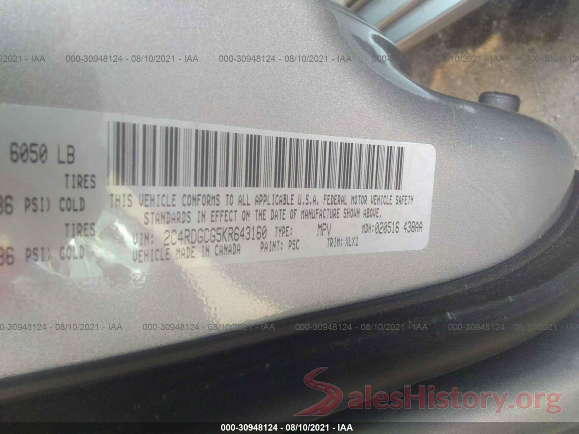 2C4RDGCG5KR643160 2019 DODGE GRAND CARAVAN