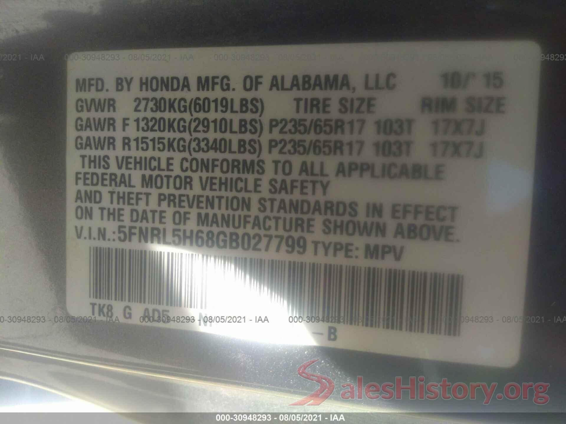 5FNRL5H68GB027799 2016 HONDA ODYSSEY