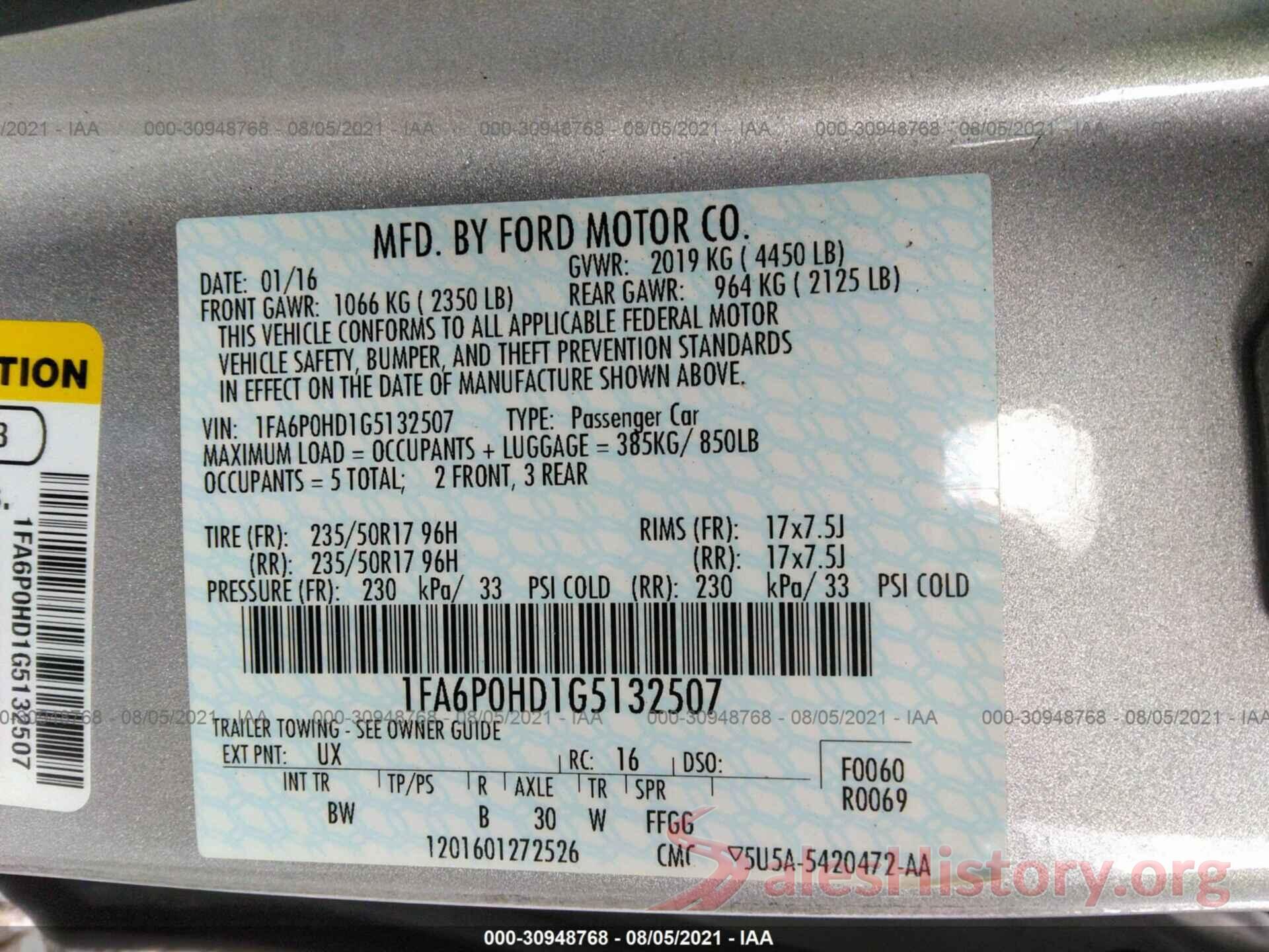 1FA6P0HD1G5132507 2016 FORD FUSION