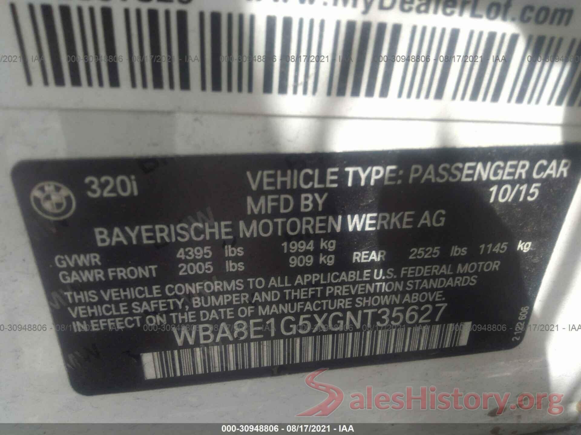 WBA8E1G5XGNT35627 2016 BMW 3 SERIES