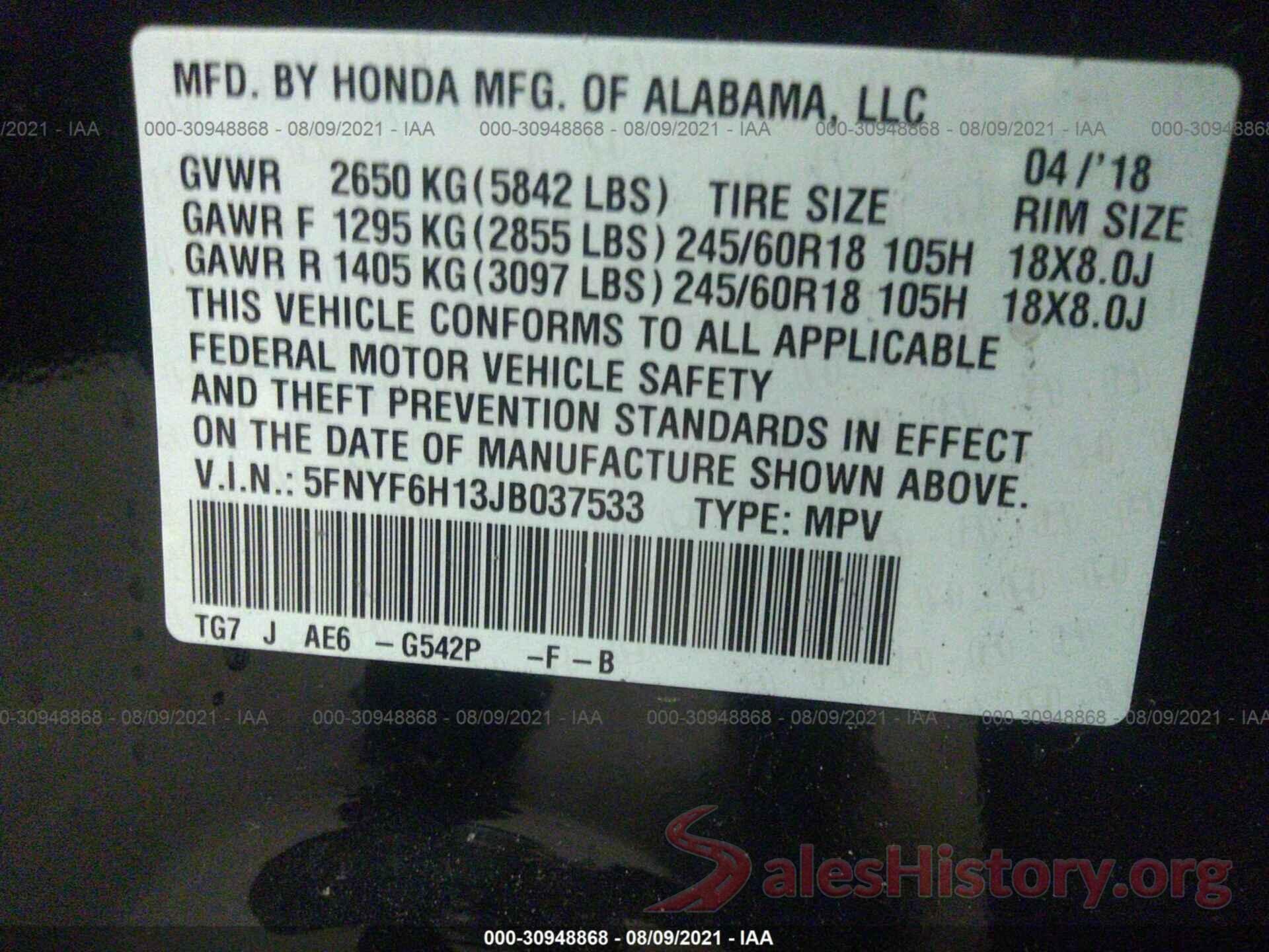 5FNYF6H13JB037533 2018 HONDA PILOT