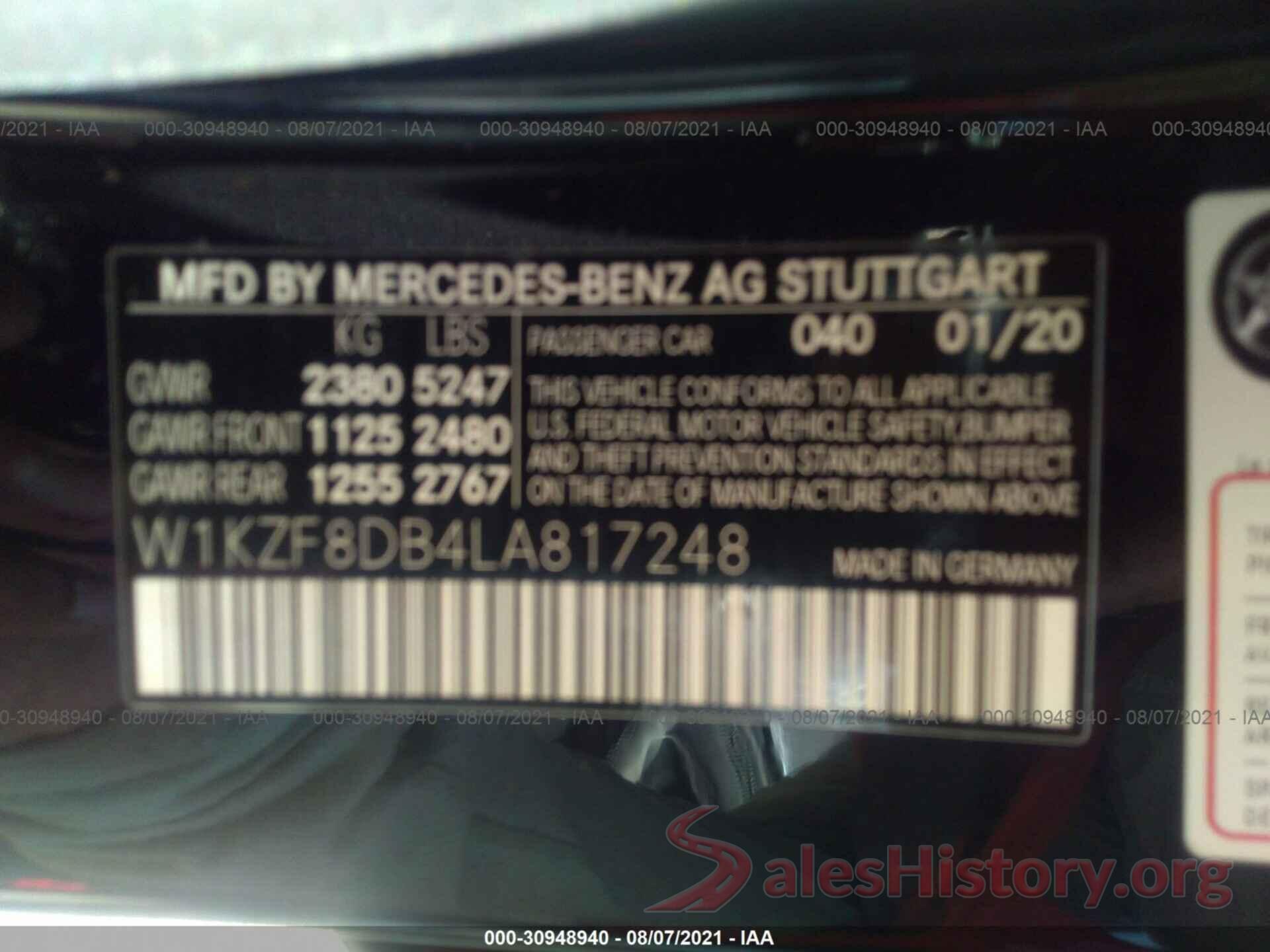 W1KZF8DB4LA817248 2020 MERCEDES-BENZ E-CLASS