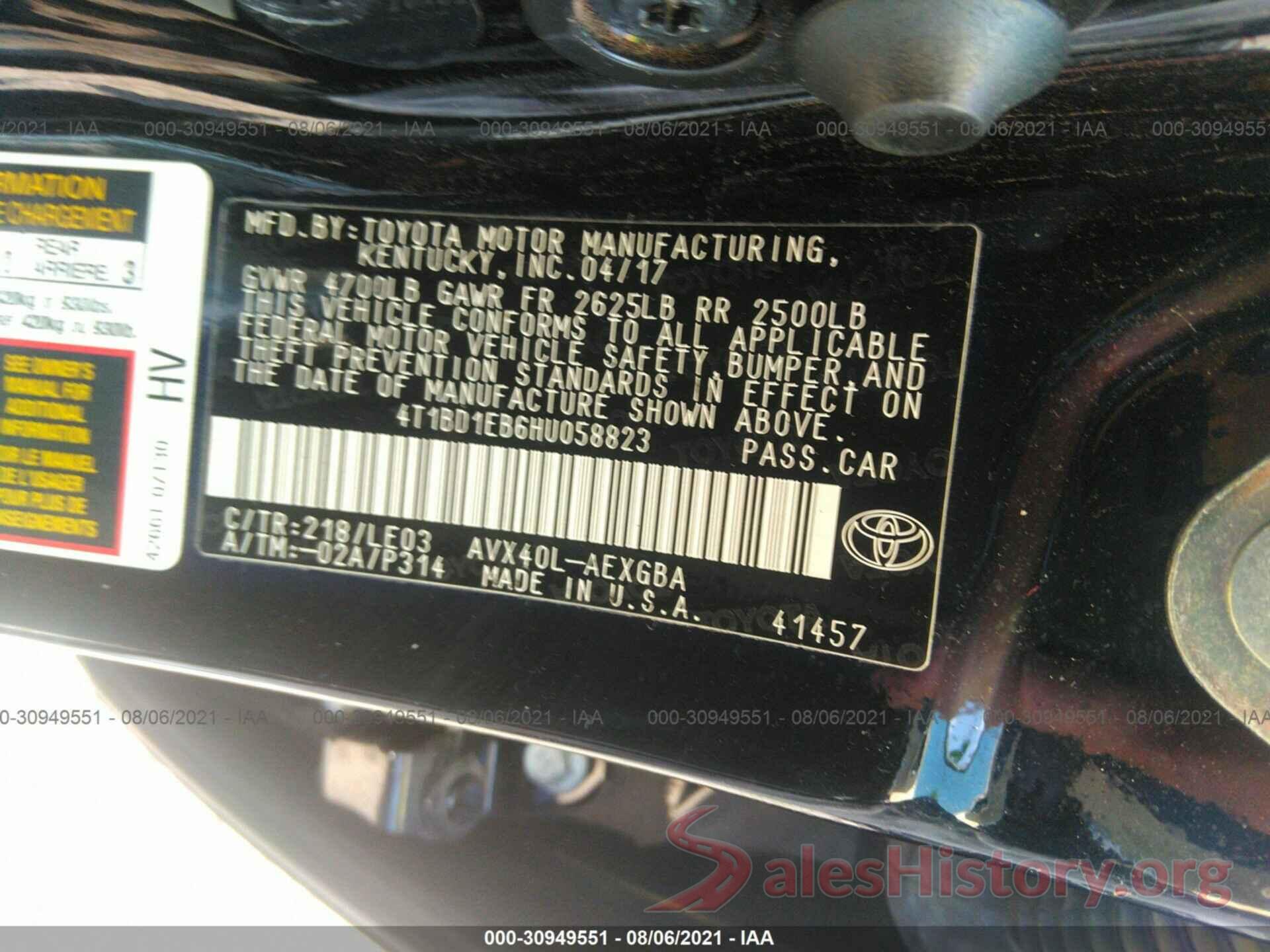 4T1BD1EB6HU058823 2017 TOYOTA AVALON