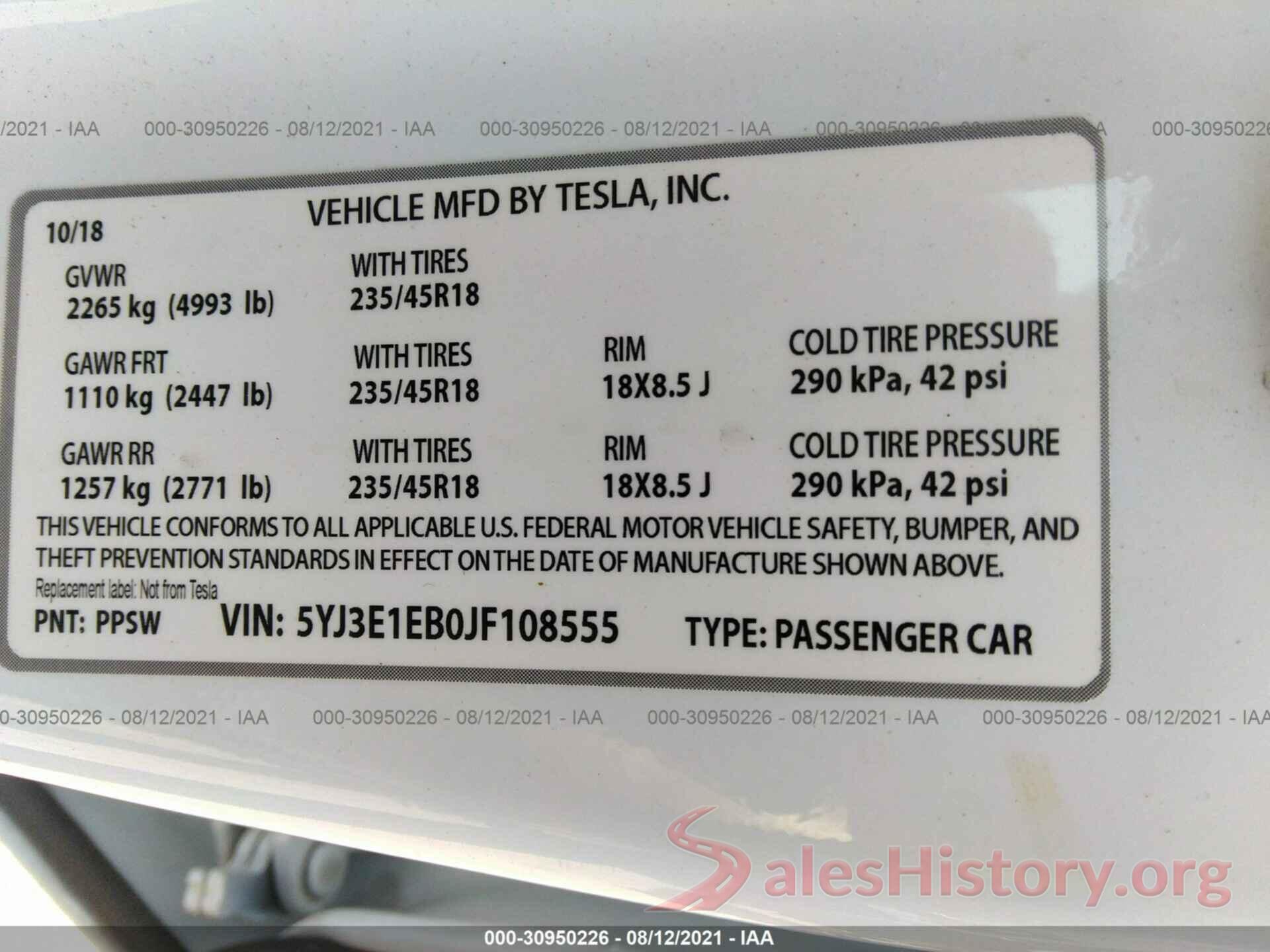 5YJ3E1EB0JF108555 2018 TESLA MODEL 3