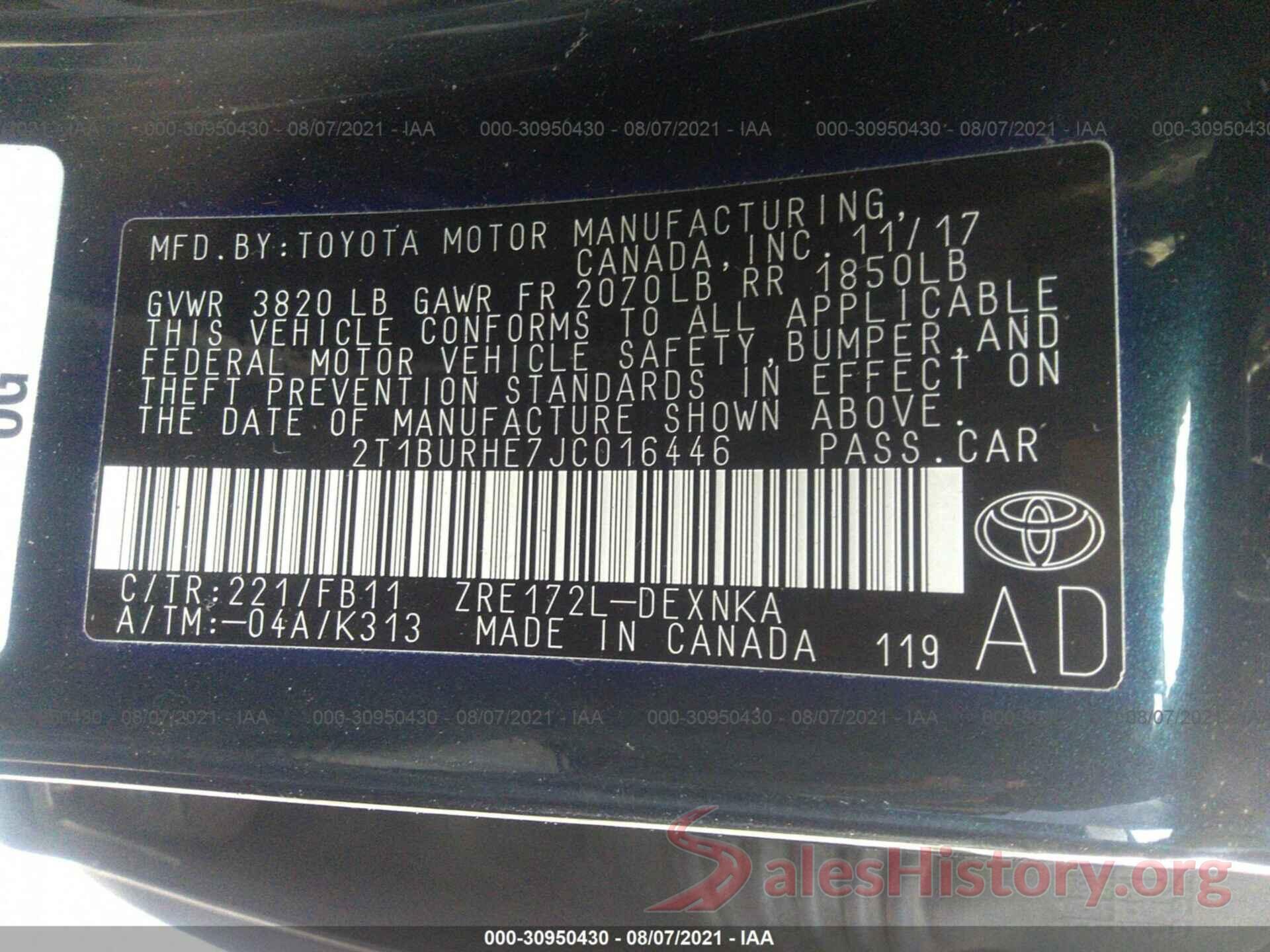 2T1BURHE7JC016446 2018 TOYOTA COROLLA