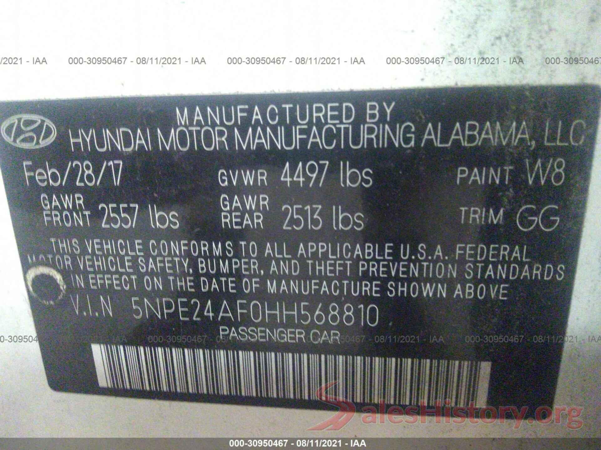 5NPE24AF0HH568810 2017 HYUNDAI SONATA