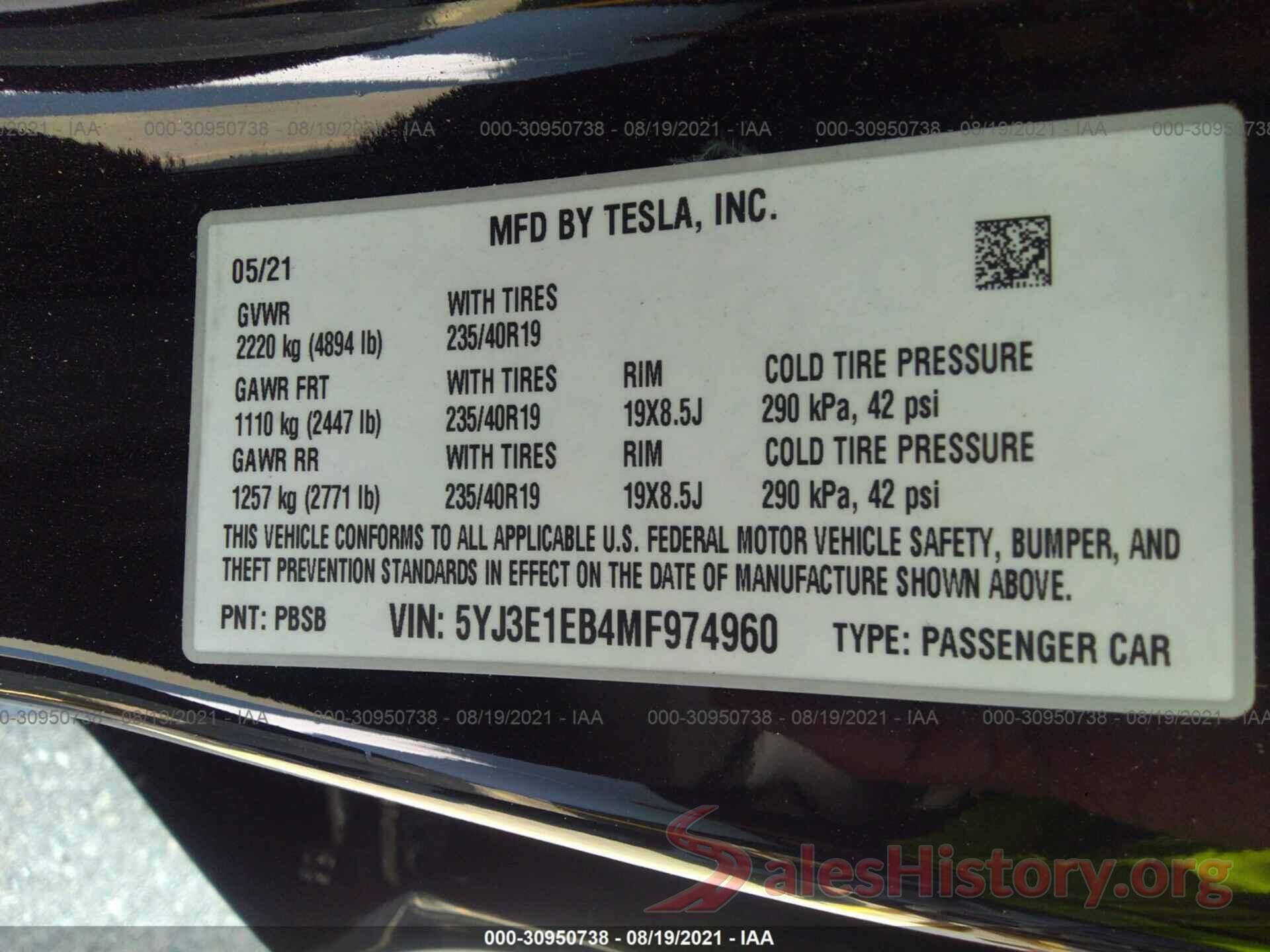 5YJ3E1EB4MF974960 2021 TESLA MODEL 3