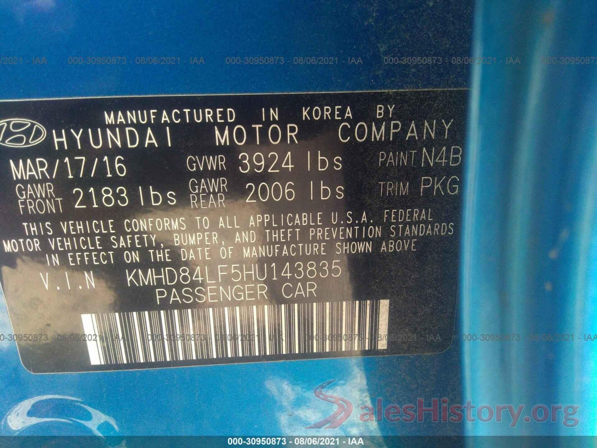 KMHD84LF5HU143835 2017 HYUNDAI ELANTRA