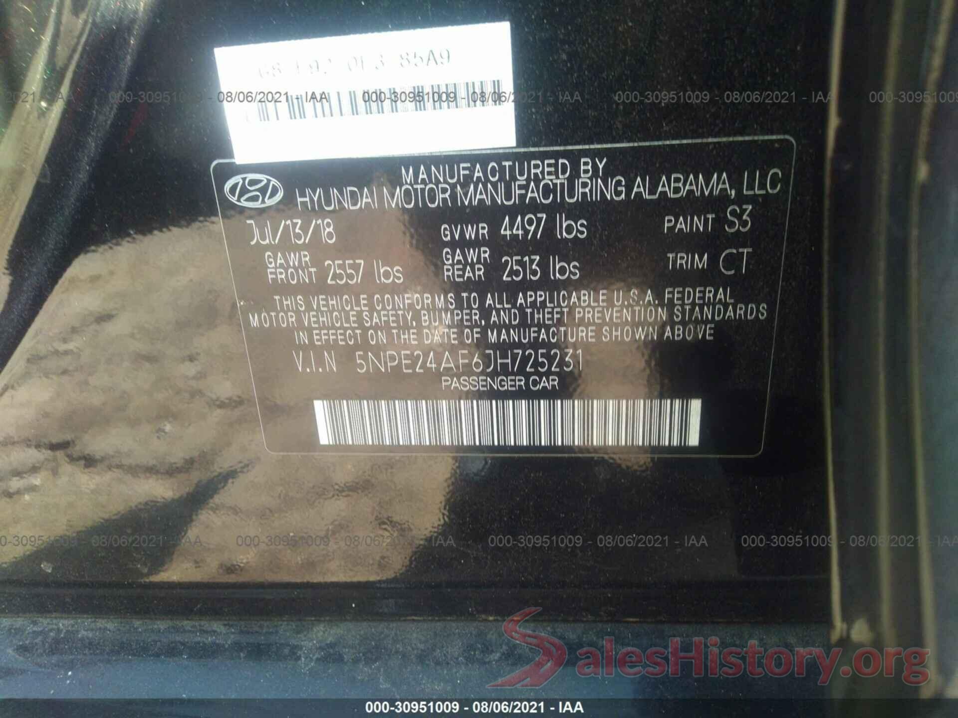 5NPE24AF6JH725231 2018 HYUNDAI SONATA