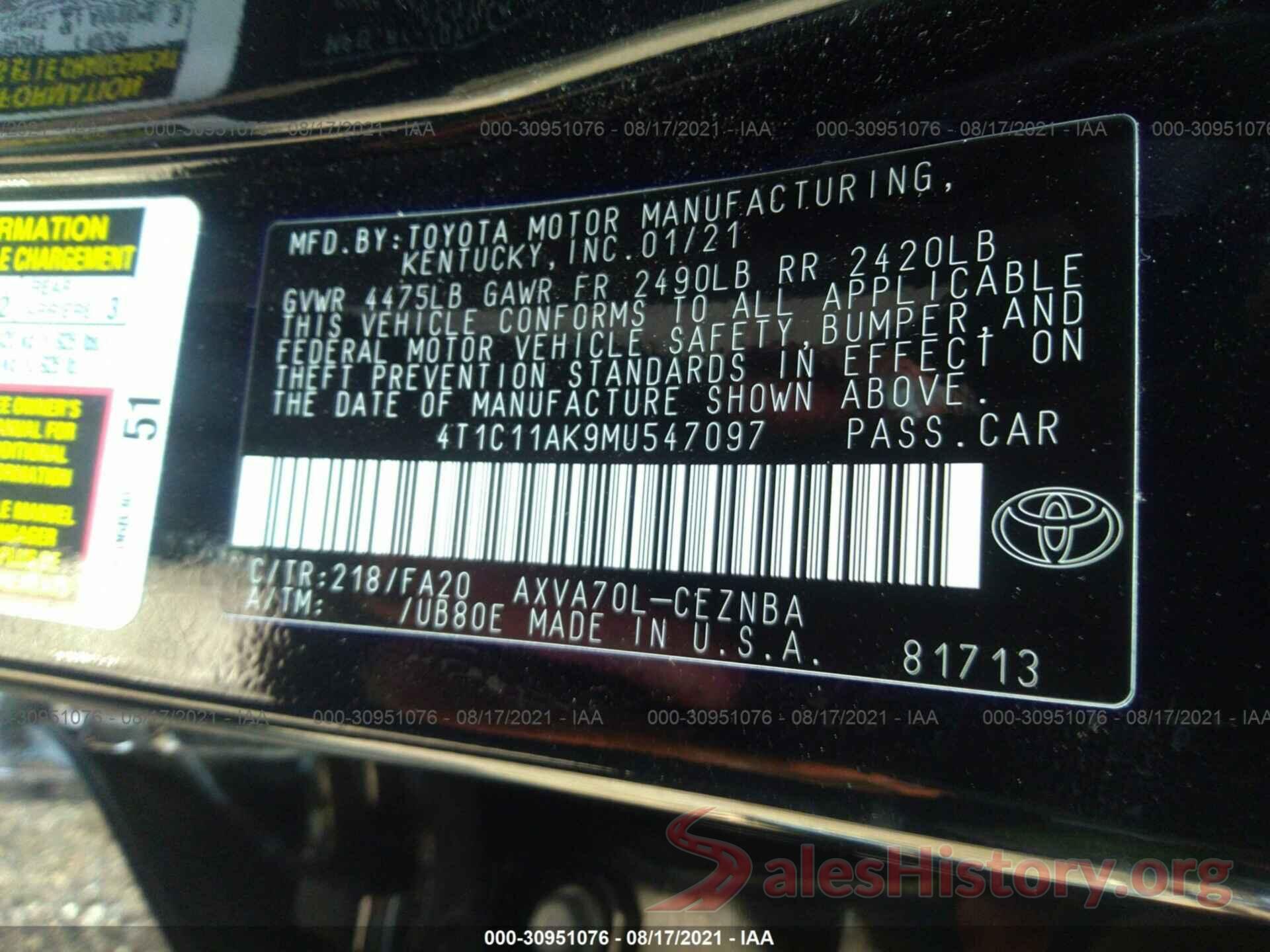 4T1C11AK9MU547097 2021 TOYOTA CAMRY