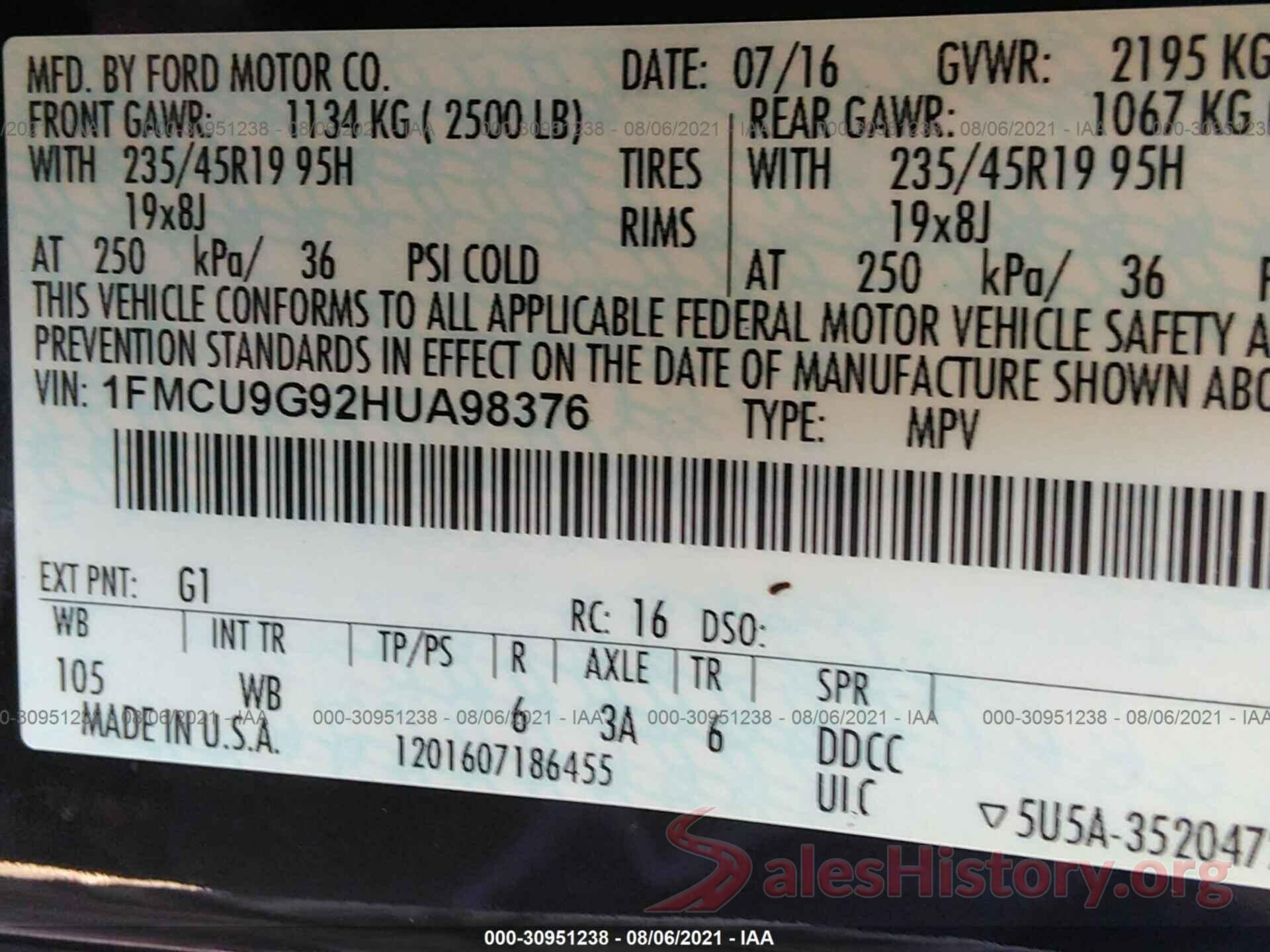 1FMCU9G92HUA98376 2017 FORD ESCAPE