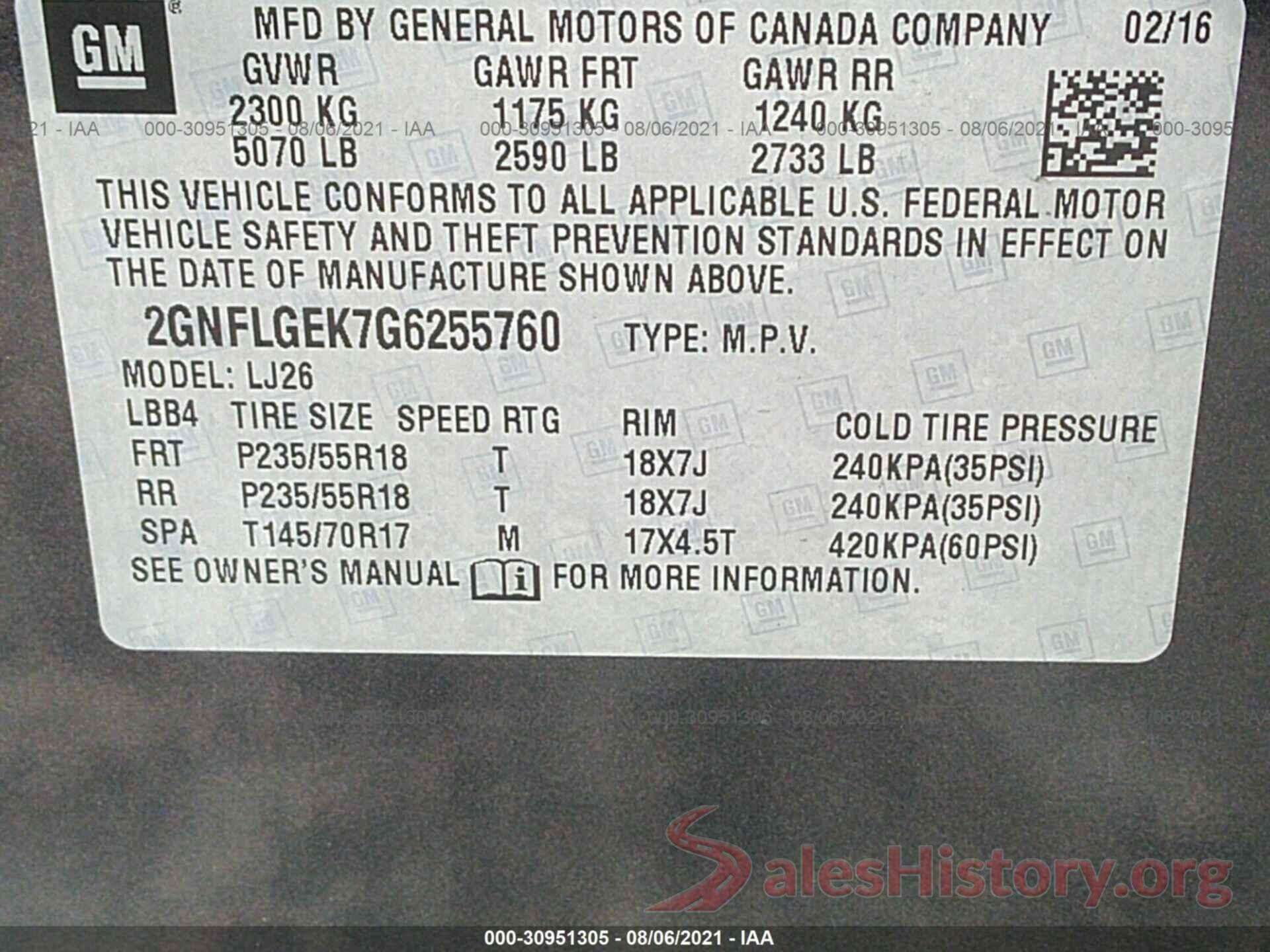 2GNFLGEK7G6255760 2016 CHEVROLET EQUINOX