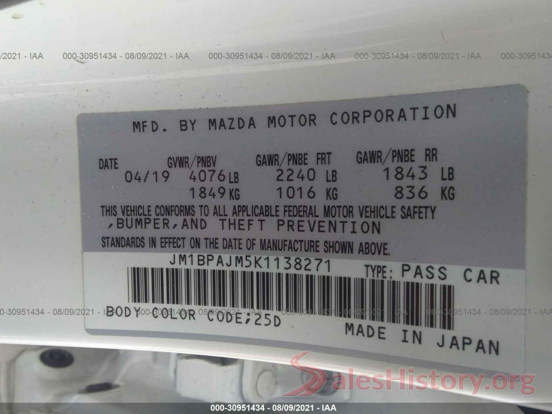 JM1BPAJM5K1138271 2019 MAZDA MAZDA3 HATCHBACK