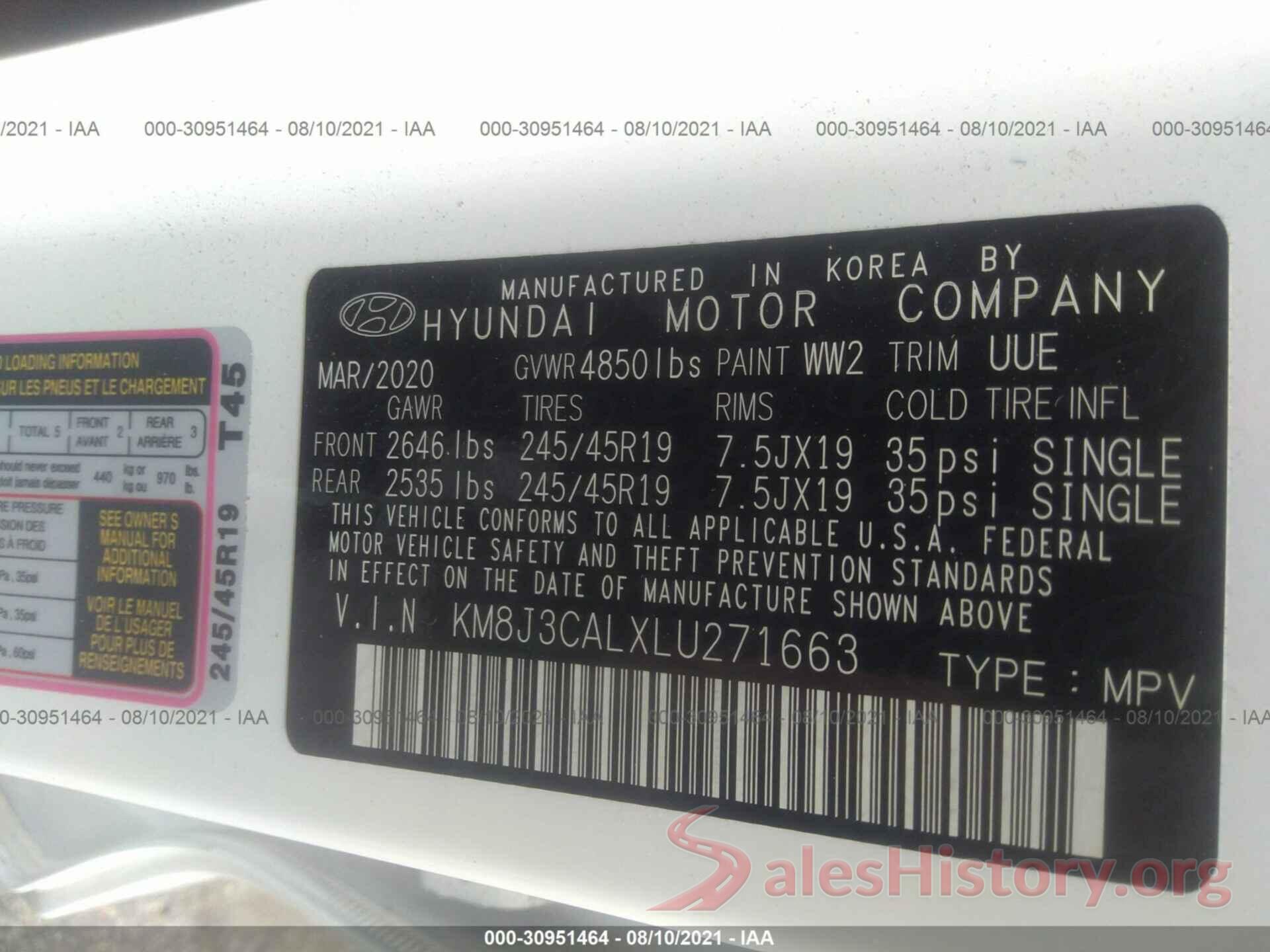 KM8J3CALXLU271663 2020 HYUNDAI TUCSON