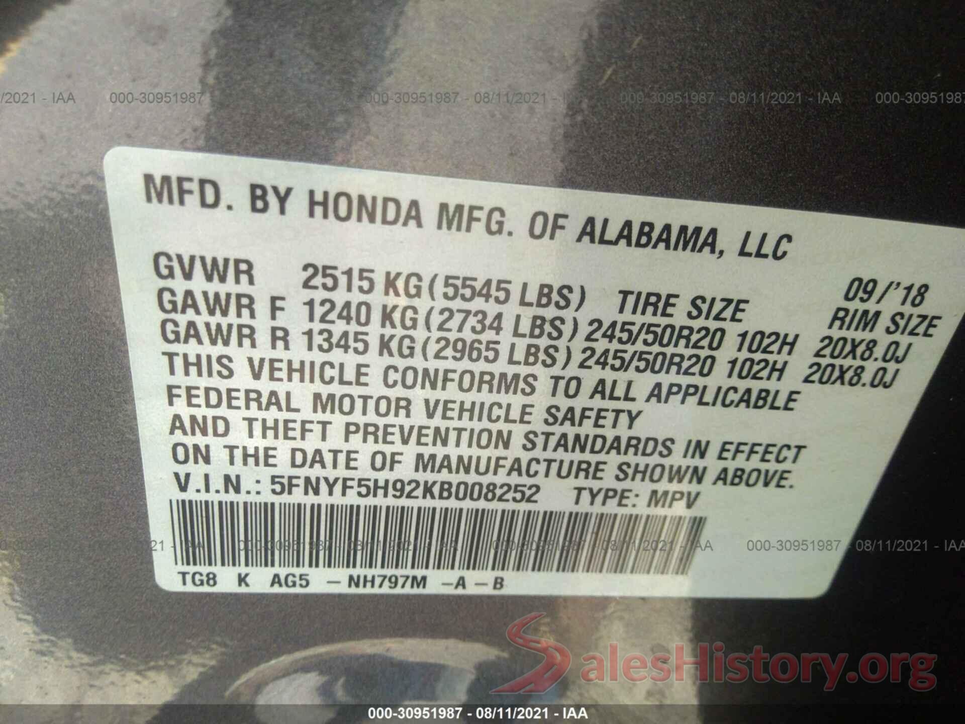 5FNYF5H92KB008252 2019 HONDA PILOT