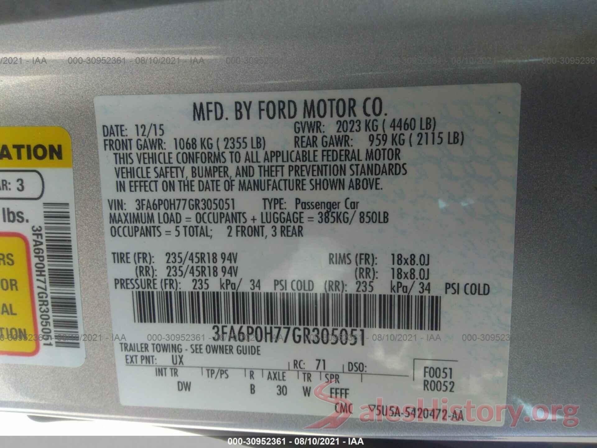 3FA6P0H77GR305051 2016 FORD FUSION