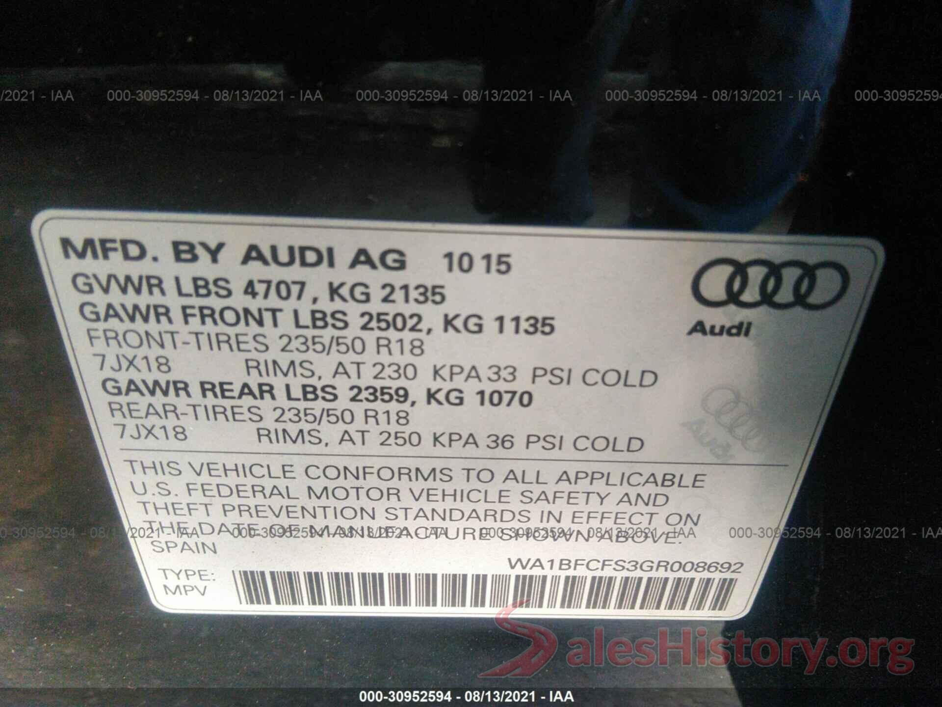 WA1BFCFS3GR008692 2016 AUDI Q3