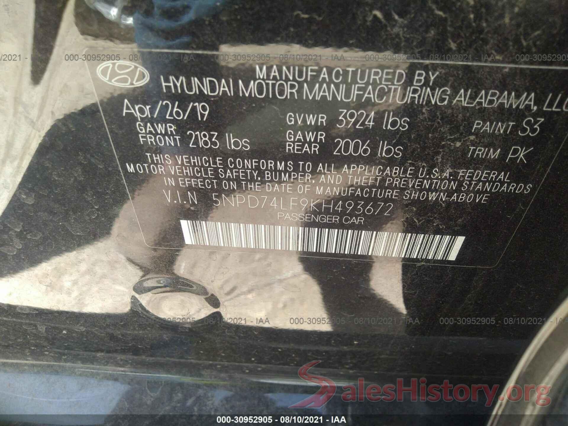 5NPD74LF9KH493672 2019 HYUNDAI ELANTRA