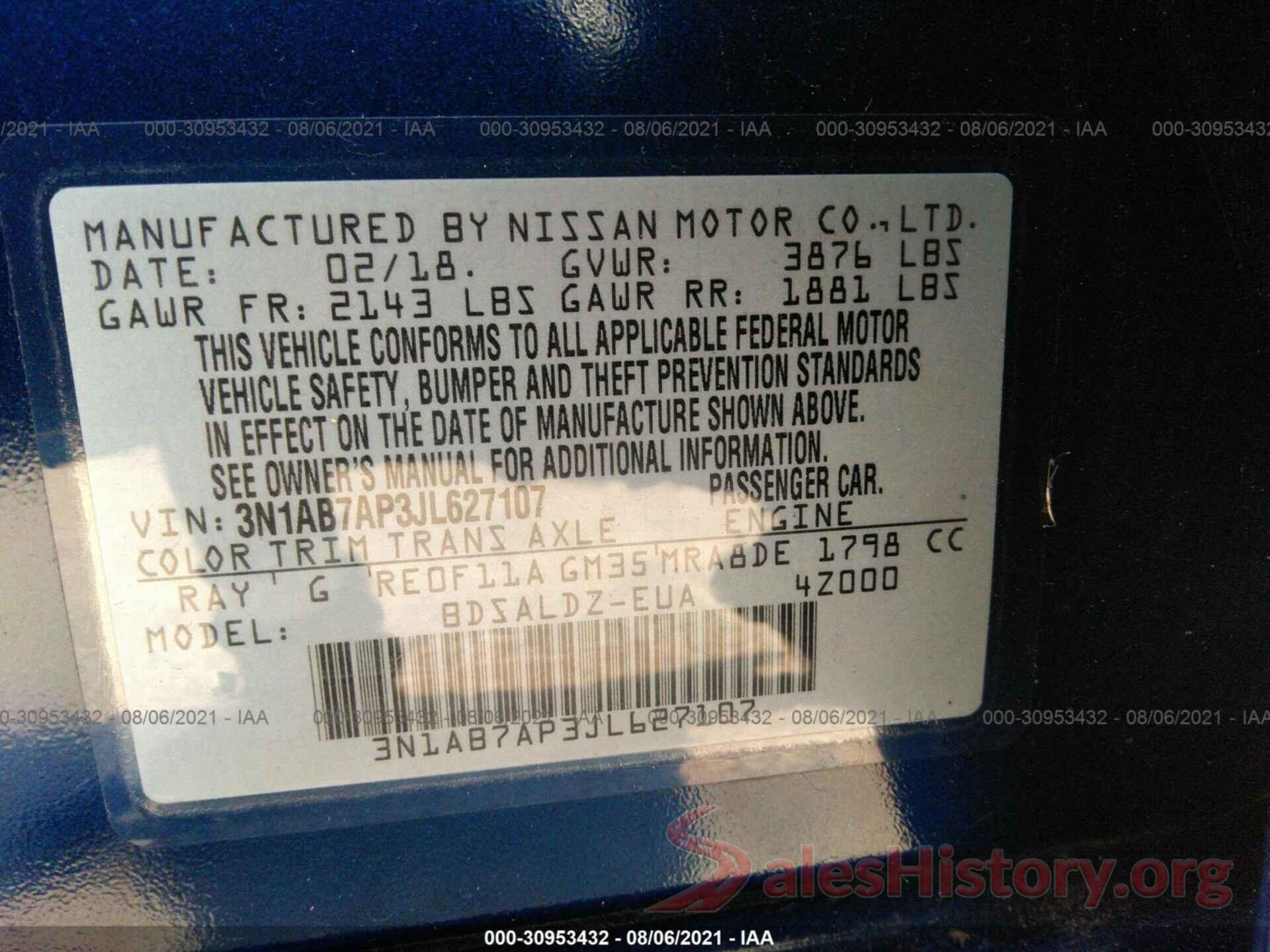 3N1AB7AP3JL627107 2018 NISSAN SENTRA