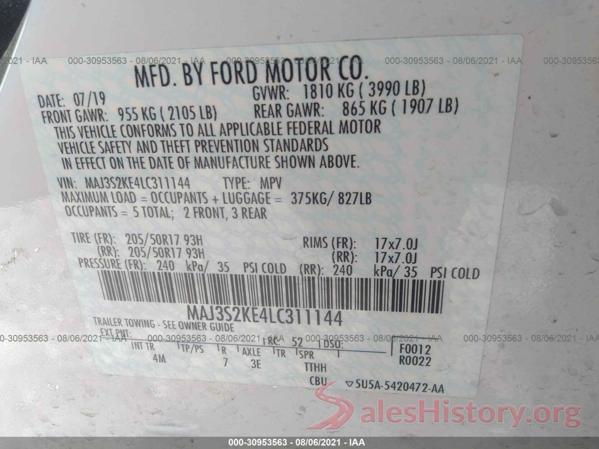 MAJ3S2KE4LC311144 2020 FORD ECOSPORT