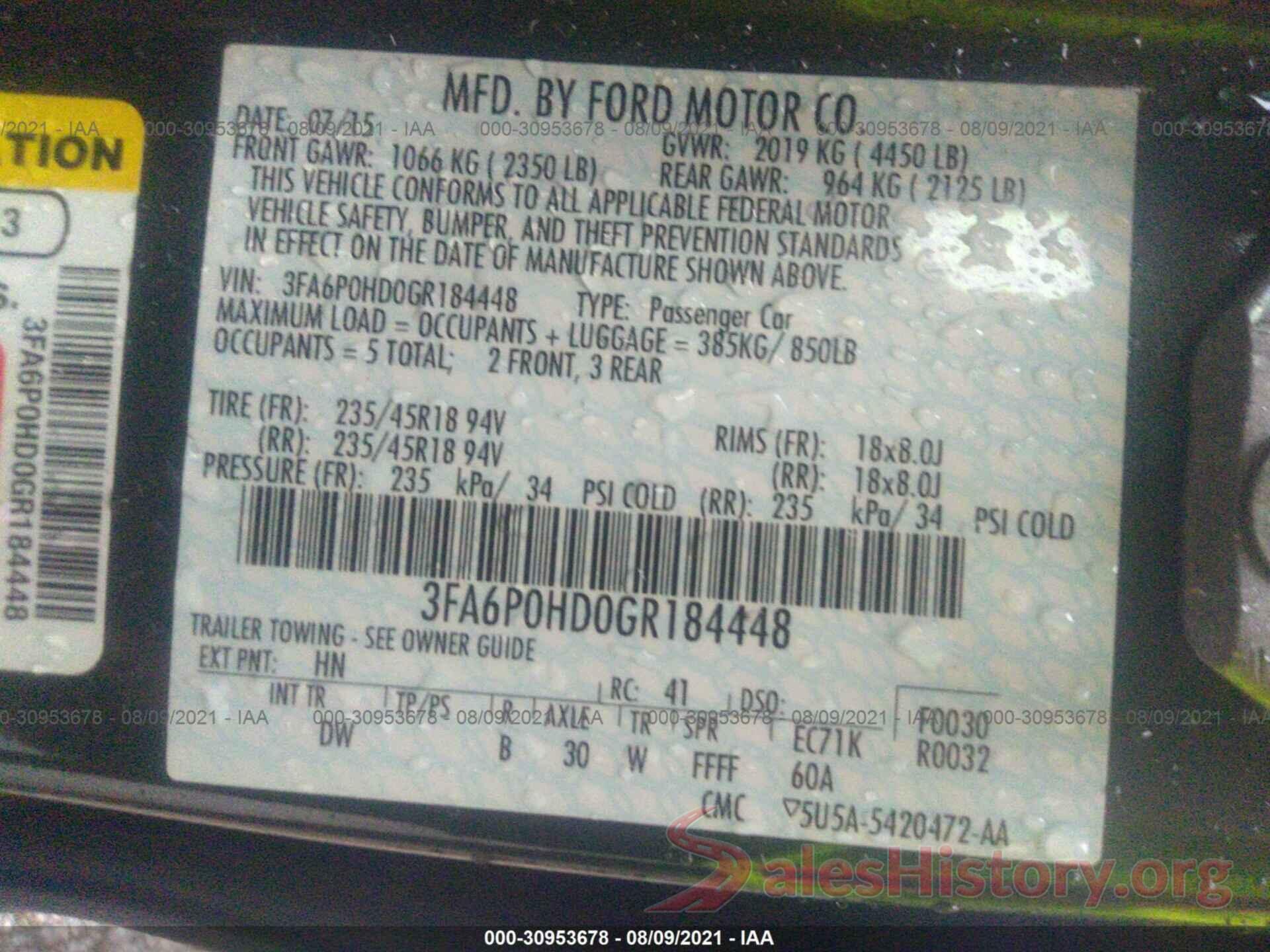 3FA6P0HD0GR184448 2016 FORD FUSION