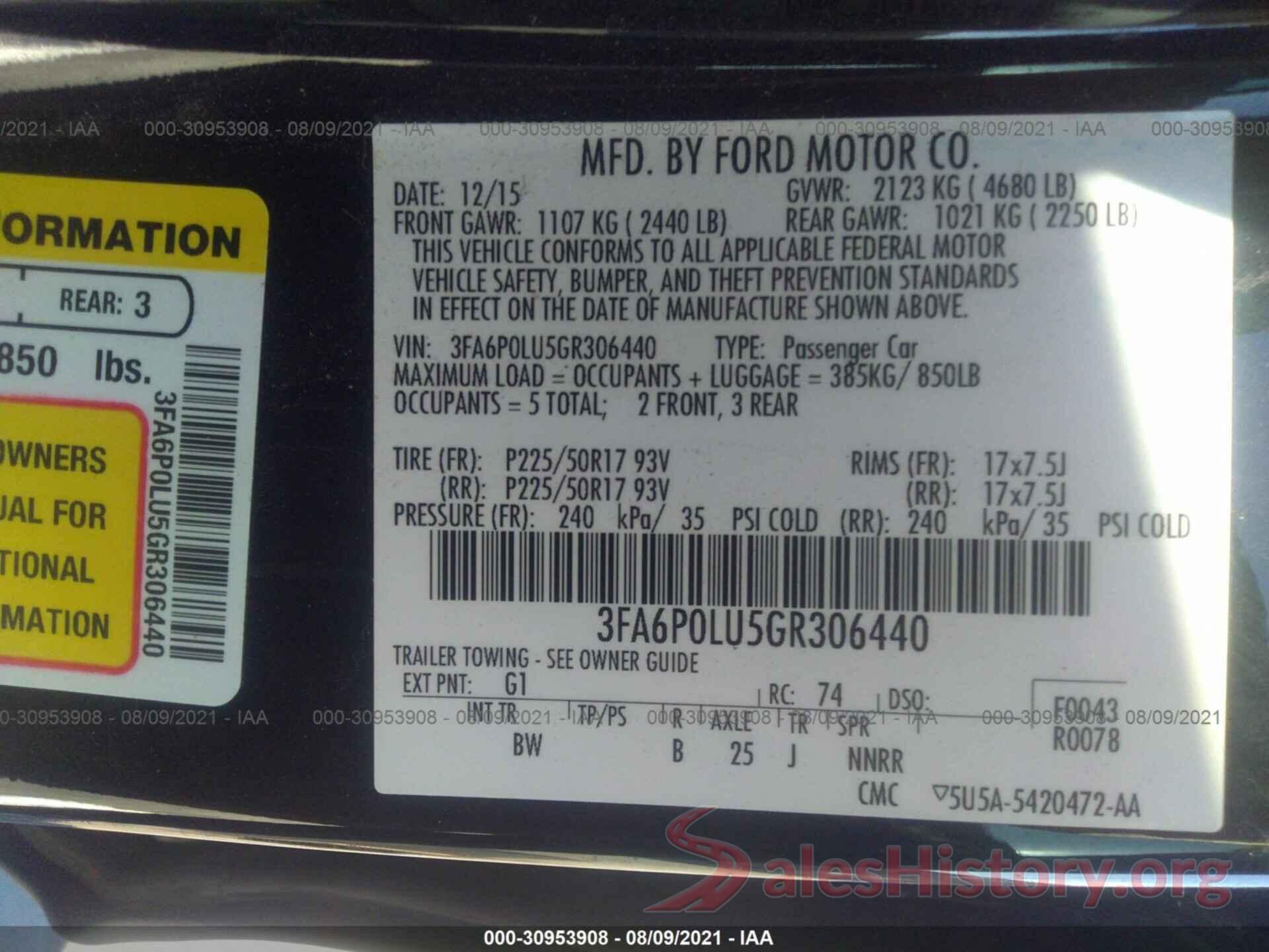 3FA6P0LU5GR306440 2016 FORD FUSION