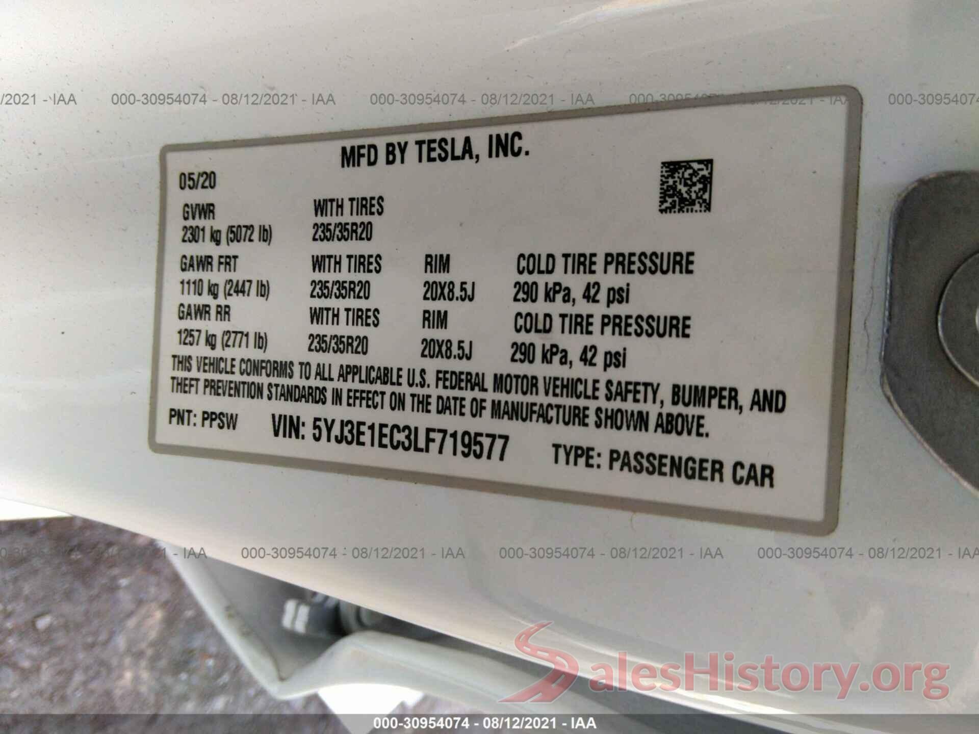 5YJ3E1EC3LF719577 2020 TESLA MODEL 3