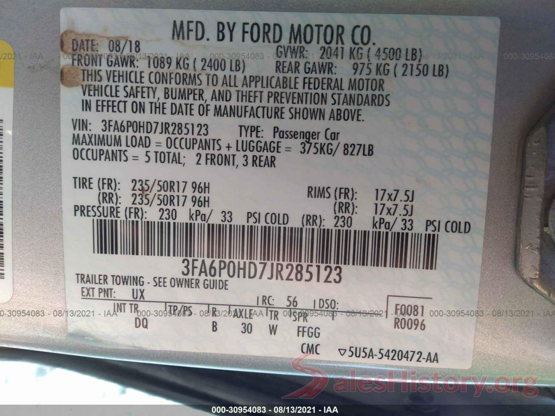 3FA6P0HD7JR285123 2018 FORD FUSION